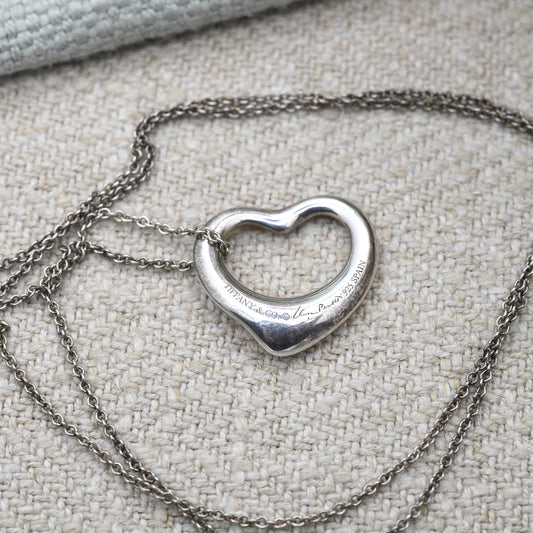Tiffany & Co Elsa Peretti Open Heart Pendant Necklace Sterling Silver - Medium Size 16mm | Genuine Signed Designer Jewellery Trace Chain 16"