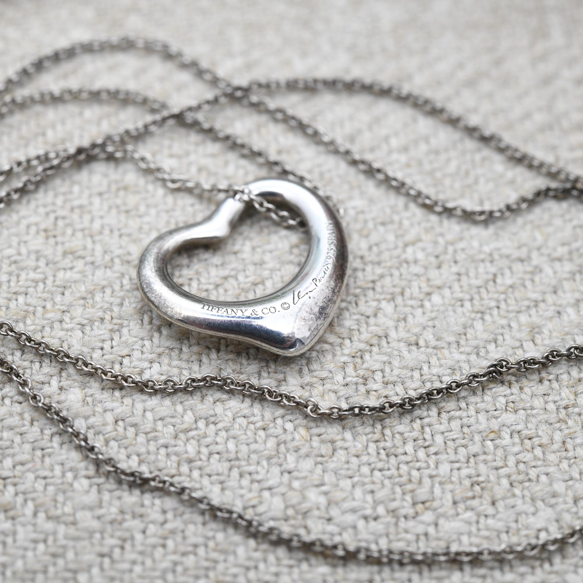 Tiffany & Co Elsa Peretti Open Heart Pendant Necklace Sterling Silver - Medium Size 16mm | Genuine Signed Designer Jewellery Trace Chain 16"