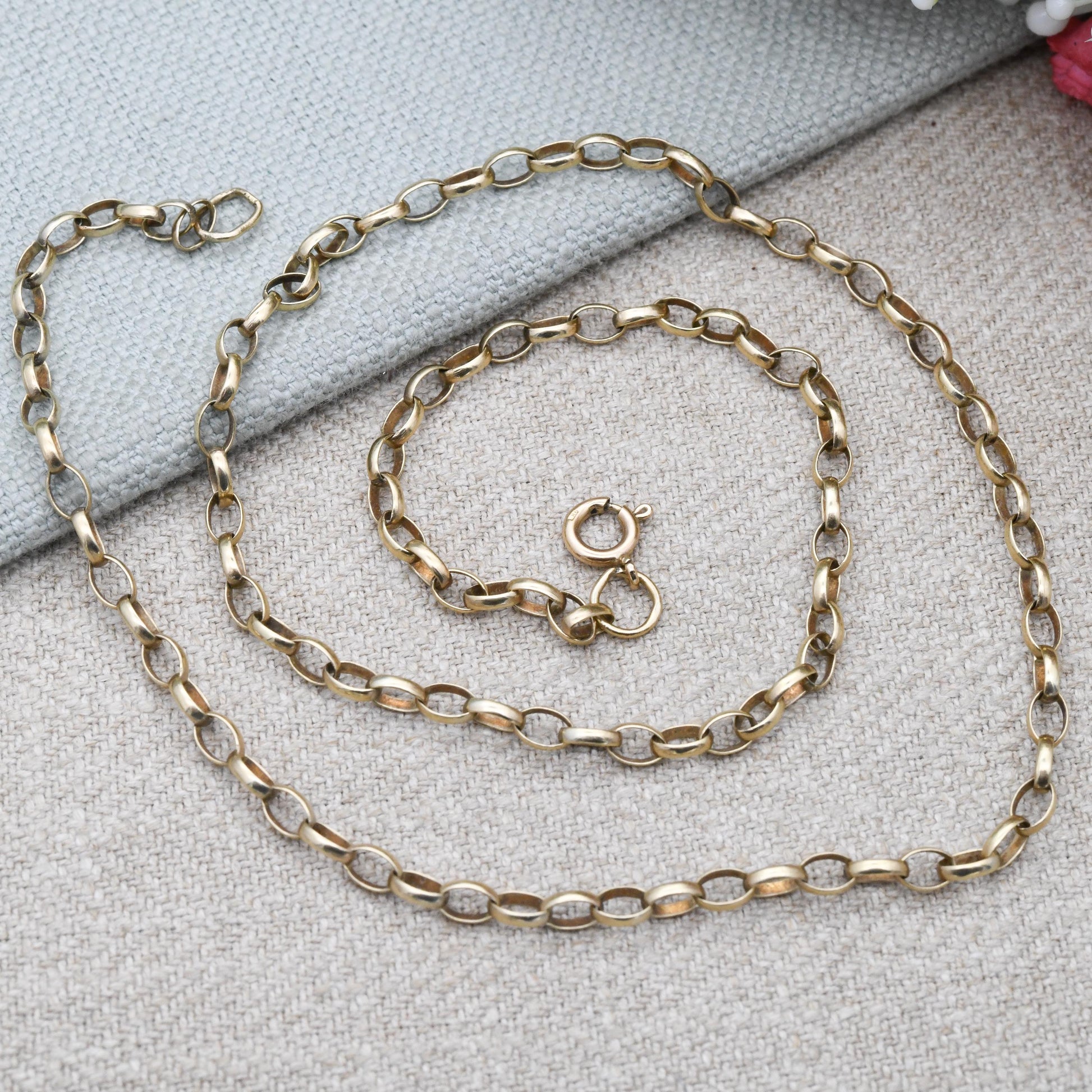 Vintage 9ct Gold Cable Link Chain Necklace - Belcher Chain | Elongated Oval Rolo Links Unisex Yellow Gold Everyday Jewellery | 53cm | 21"
