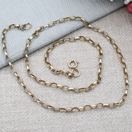 Vintage 9ct Gold Cable Link Chain Necklace - Belcher Chain | Elongated Oval Rolo Links Unisex Yellow Gold Everyday Jewellery | 53cm | 21"
