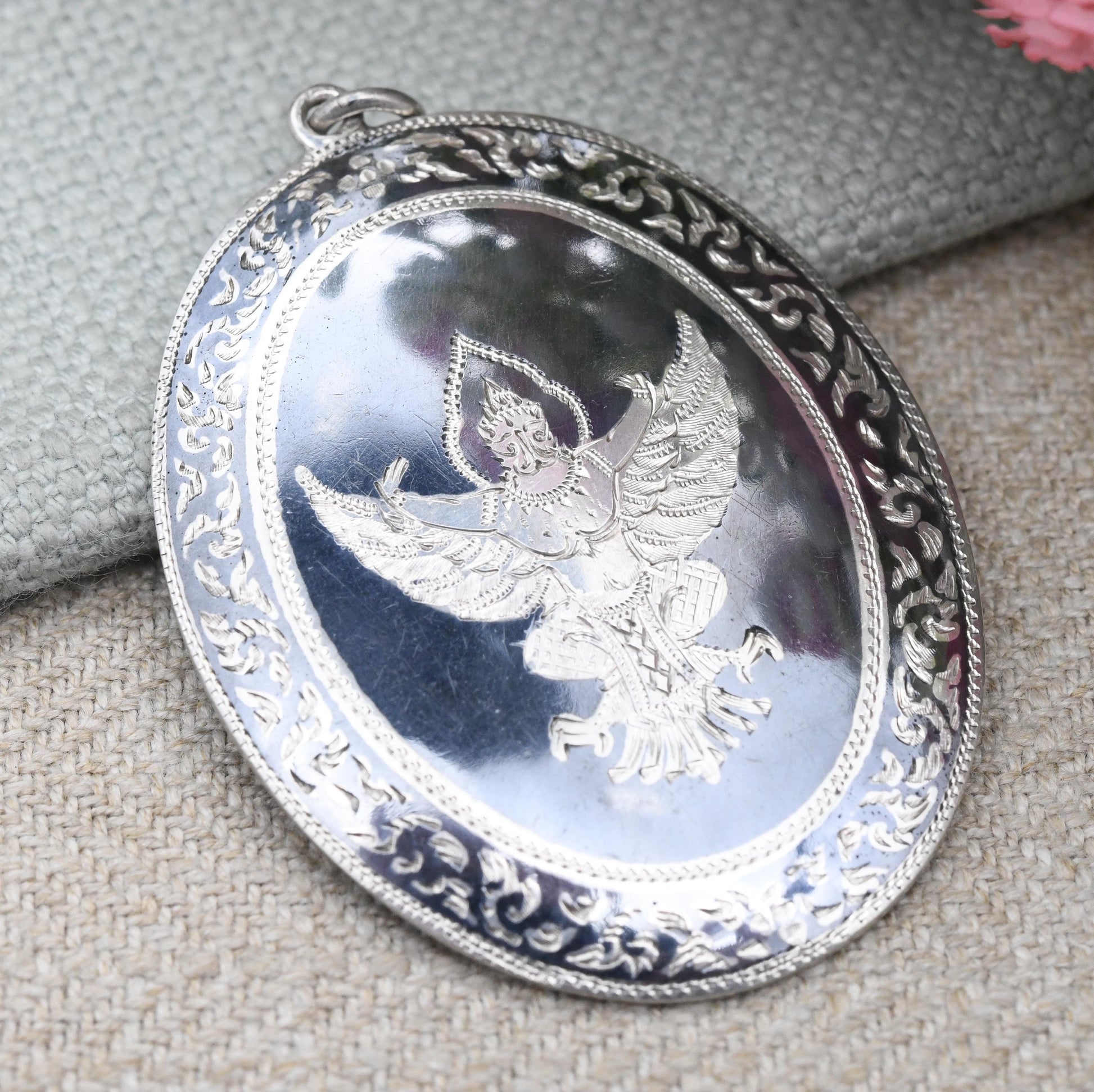 Vintage Sterling Silver Siam Garuda Pendant with Black Niello - Hand Engraved Decoration | Large Oval Shape | Religious God Jewellery