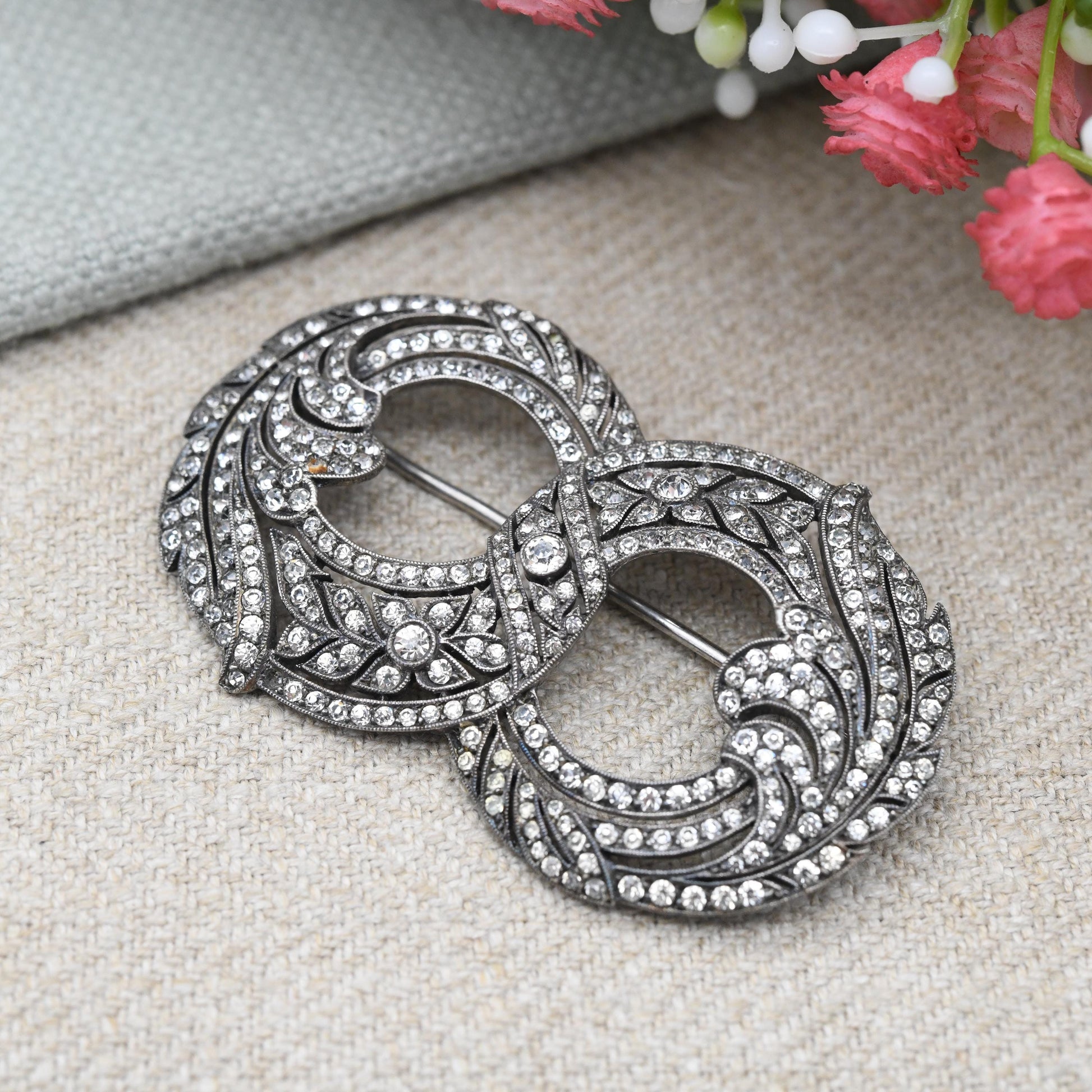 Vintage European Silver Double Wreath Paste Brooch c. 1940s - True Vintage Sparkly Dress Jewellery | Interwoven Circle Design | Pretty Gift