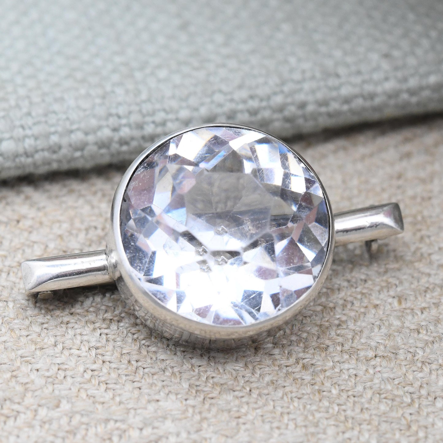 Vintage Sterling Silver Brooch with Faceted Clear Stone by James Walter Tiptaft JWT 1935 - Big Clear Stone | Art Deco Period UK Hallmarks