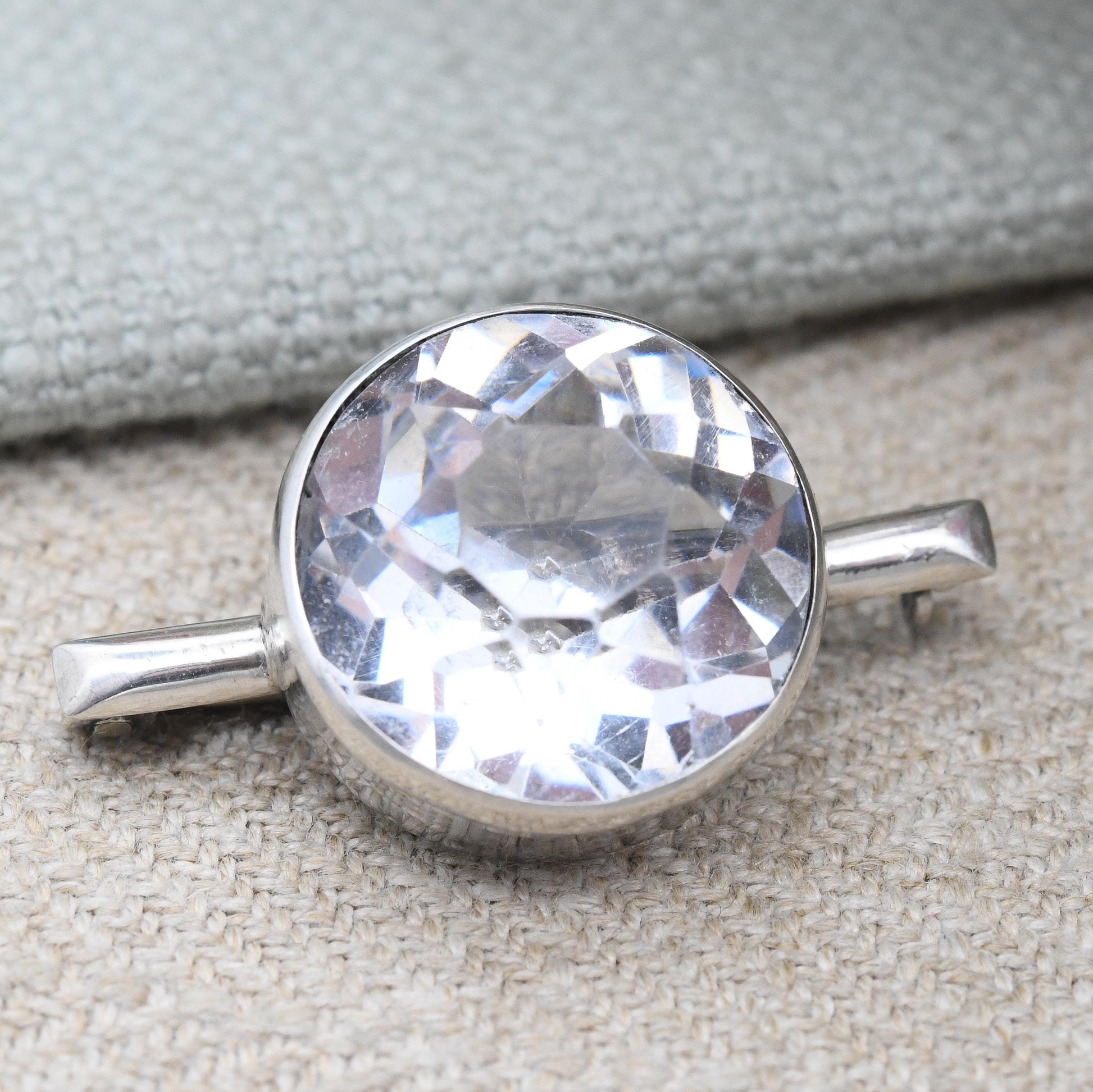 Vintage Sterling Silver Brooch with Faceted Clear Stone by James Walter Tiptaft JWT 1935 - Big Clear Stone | Art Deco Period UK Hallmarks