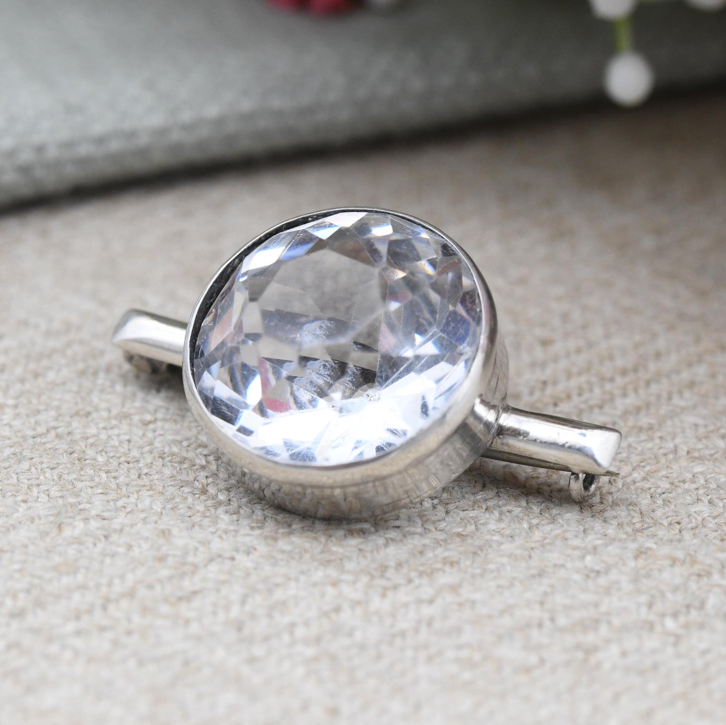 Vintage Sterling Silver Brooch with Faceted Clear Stone by James Walter Tiptaft JWT 1935 - Big Clear Stone | Art Deco Period UK Hallmarks
