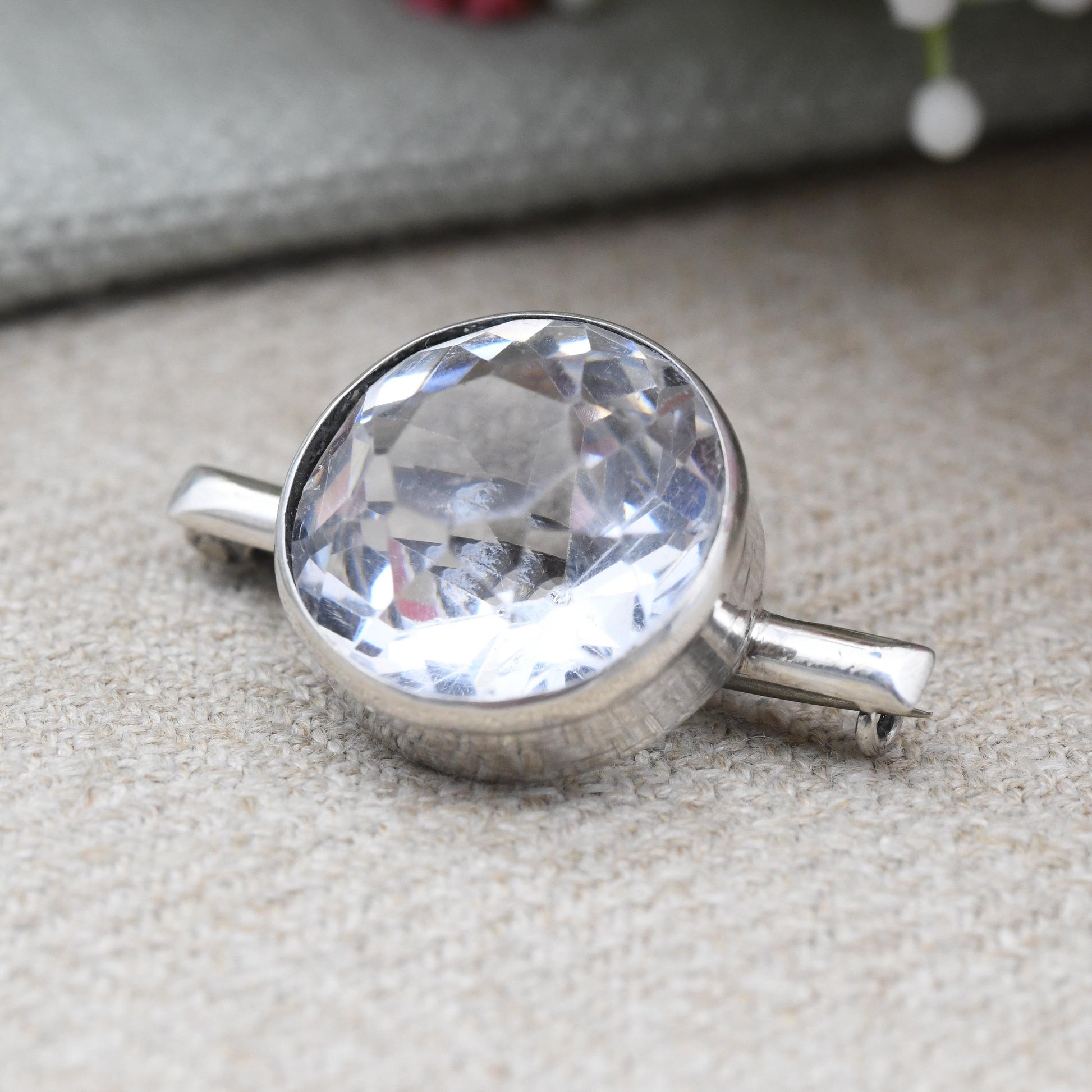 Vintage Sterling Silver Brooch with Faceted Clear Stone by James Walter Tiptaft JWT 1935 - Big Clear Stone | Art Deco Period UK Hallmarks