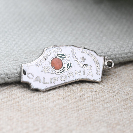 Vintage Enamel California Charm Pendant American Souvenir Map of CA - Colourful White and Orange | San Francisco Souvenir Jewellery Gift