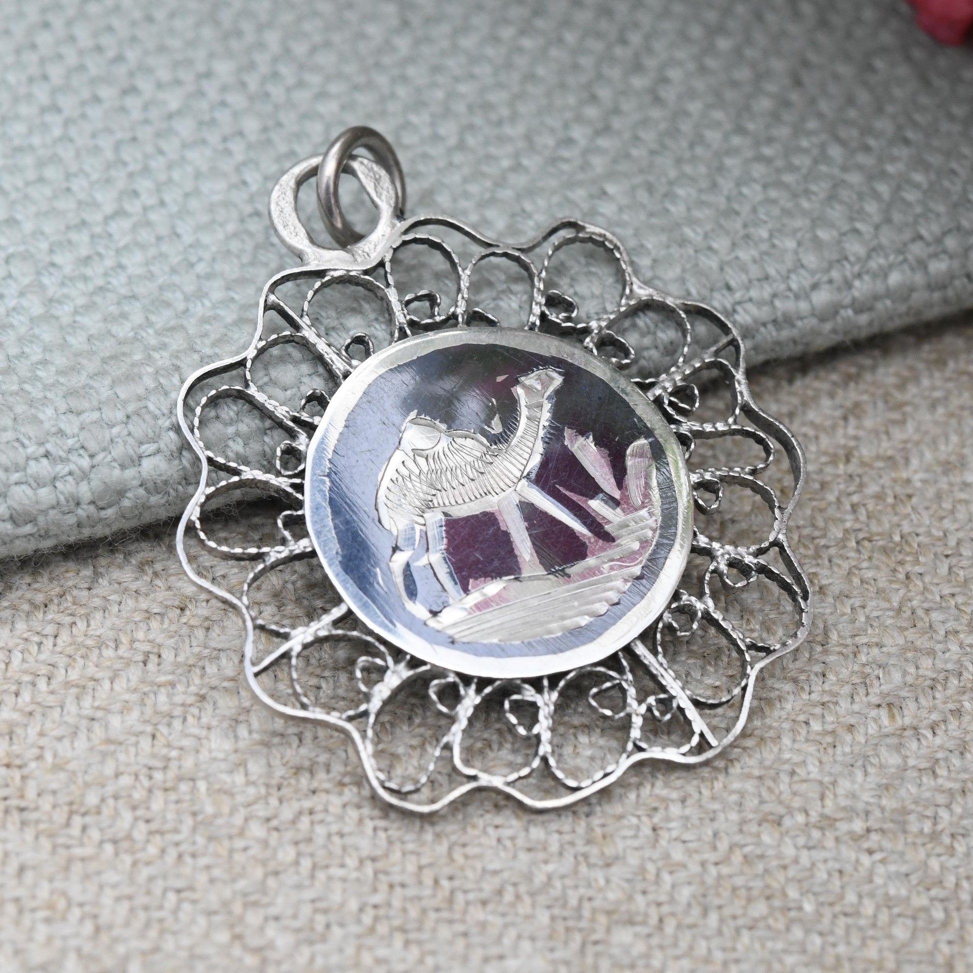 Vintage Sterling Silver Desert Scene Pendant with Black Niello - Camel Tree Sahara Desert Hand Engraved | Floral Shape | Arabic Hallmarks