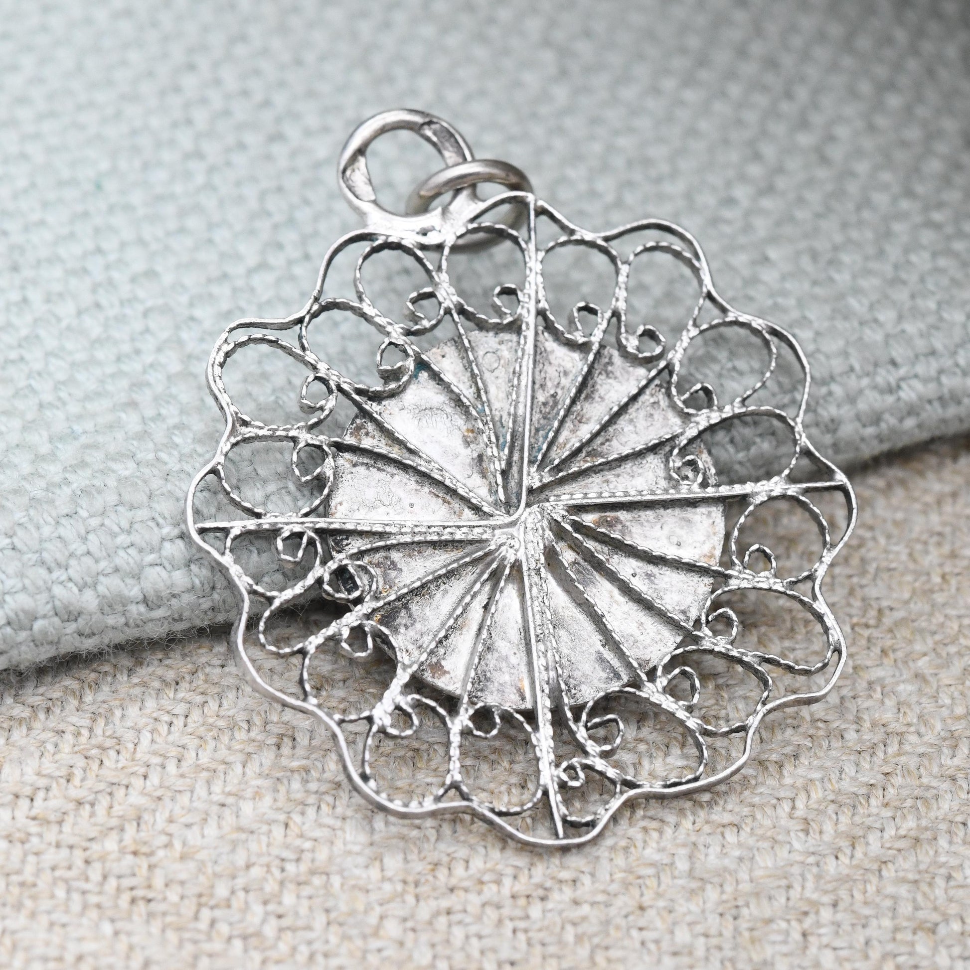 Vintage Sterling Silver Desert Scene Pendant with Black Niello - Camel Tree Sahara Desert Hand Engraved | Floral Shape | Arabic Hallmarks