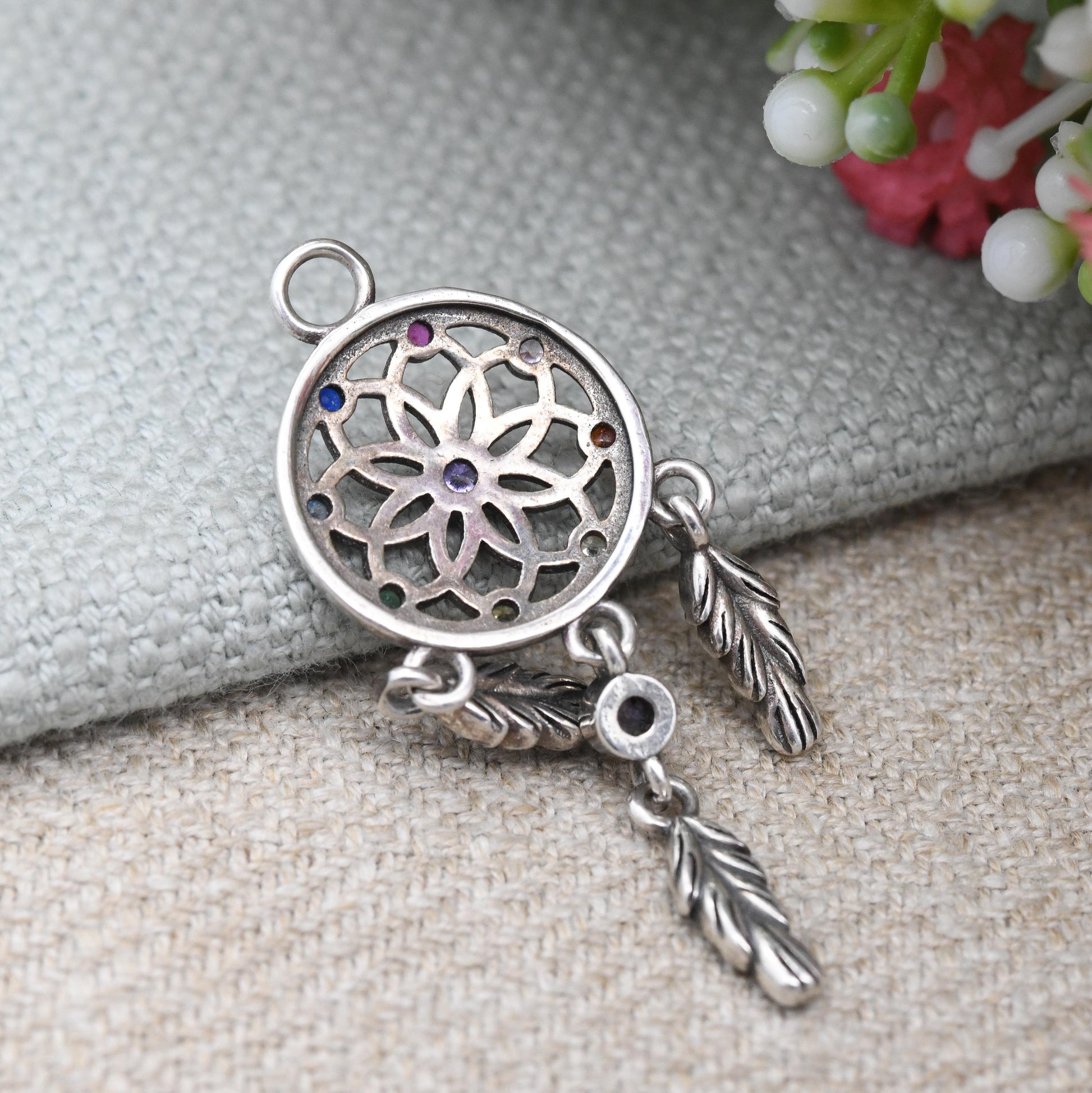Sterling Silver Dream Catcher Pendant with Dangling Feather Drops - Colourful Gemstones Unusual Silver Jewellery | Pretty Gift for Daughter
