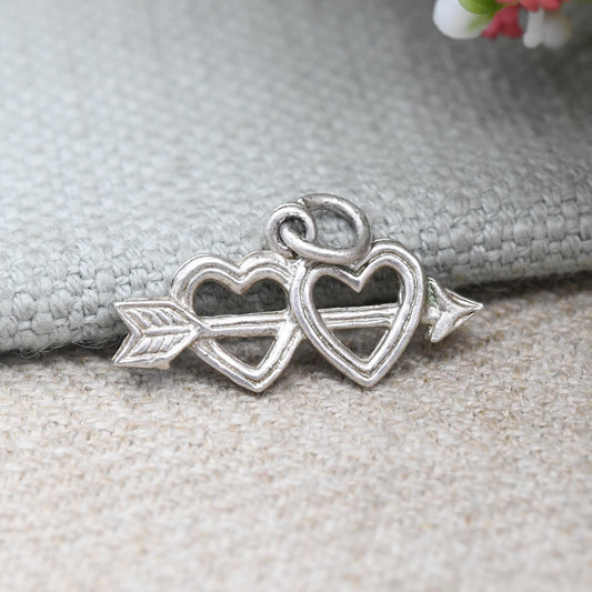 Vintage Silver Arrow Through Two Hearts Charm Pendant - Double Hearts Symbol for Love | Cupid Valentine's Gift for Charm Bracelet