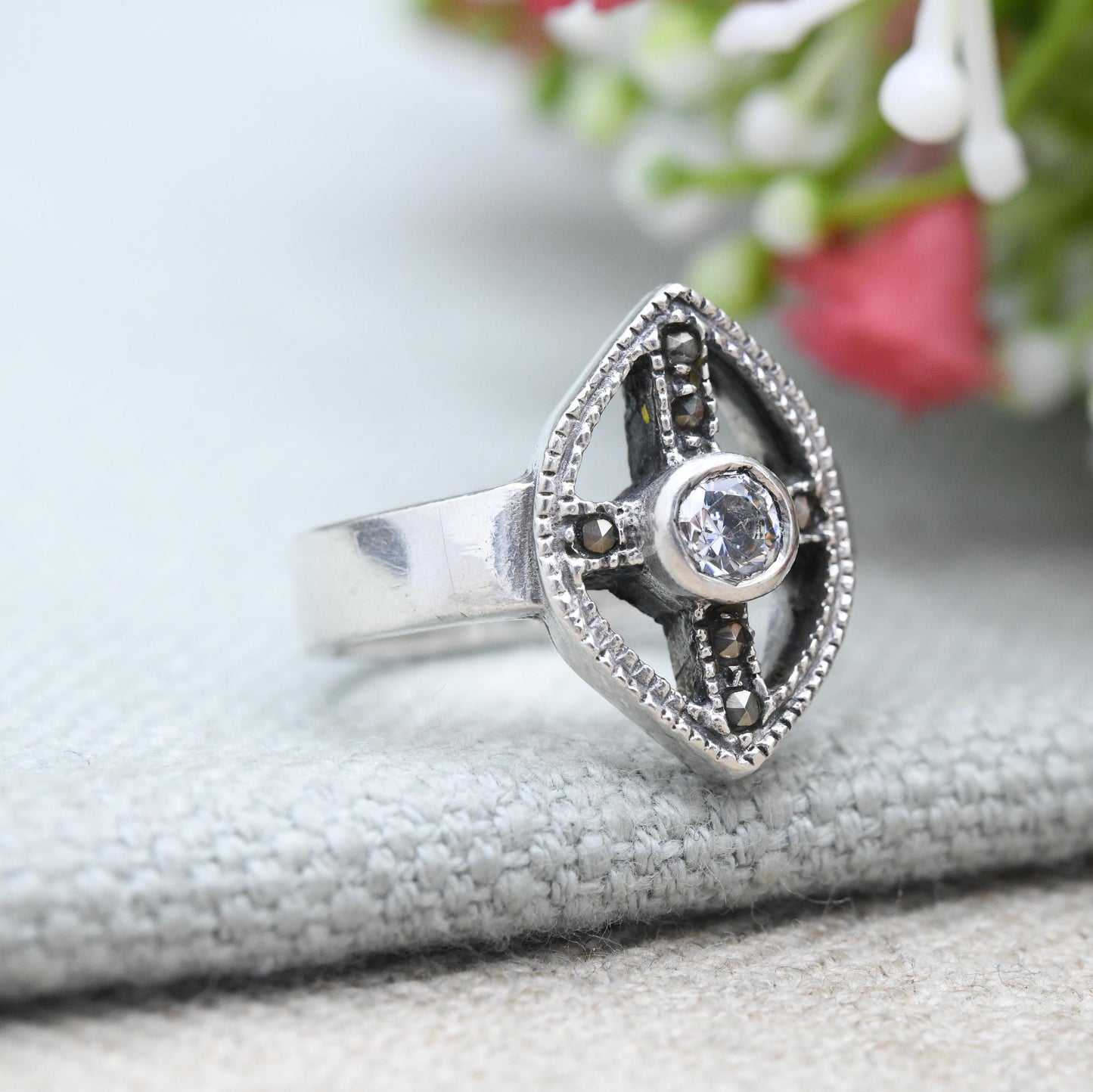 Vintage Sterling Silver Marquise Shape Solitaire Ring with Marcasite - Round Clear Stone Milgrain Setting | UK Size - M | US Size - 6 1/2