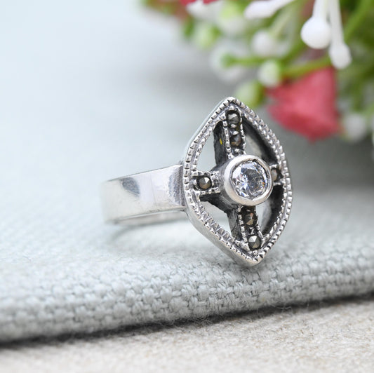 Vintage Sterling Silver Marquise Shape Solitaire Ring with Marcasite - Round Clear Stone Milgrain Setting | UK Size - M | US Size - 6 1/2