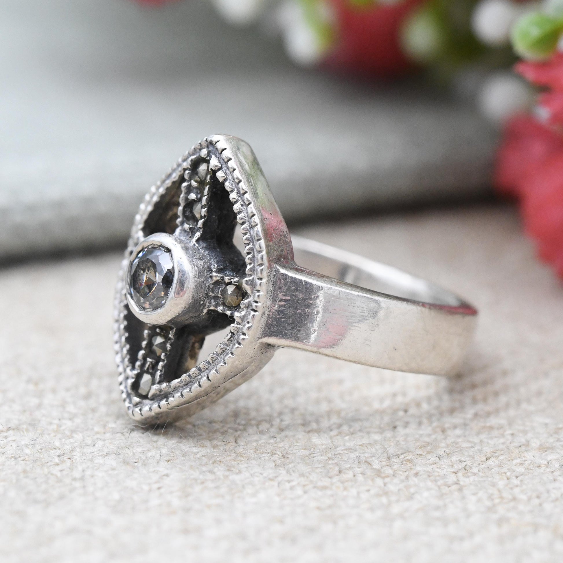 Vintage Sterling Silver Marquise Shape Solitaire Ring with Marcasite - Round Clear Stone Milgrain Setting | UK Size - M | US Size - 6 1/2