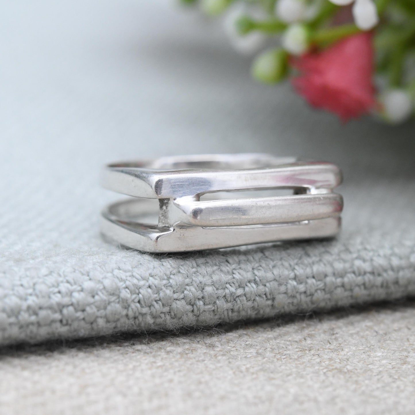 Vintage Sterling Silver Modernist Squared Band Ring - Openwork Rectangle Design Minimalist Unisex Silver | UK Size - L 1/2 | US Size - 6 1/4