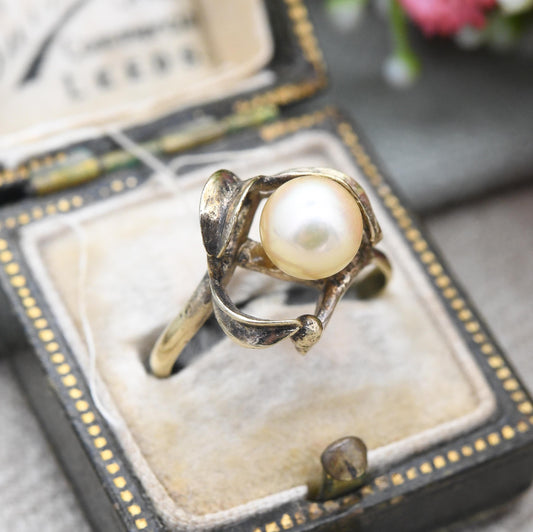 Vintage Sterling Silver Pearl Ring Gold Plated - c. 1960s Cocktail Ring with Ornate Leaf Design | UK Size - N | US Size - 7