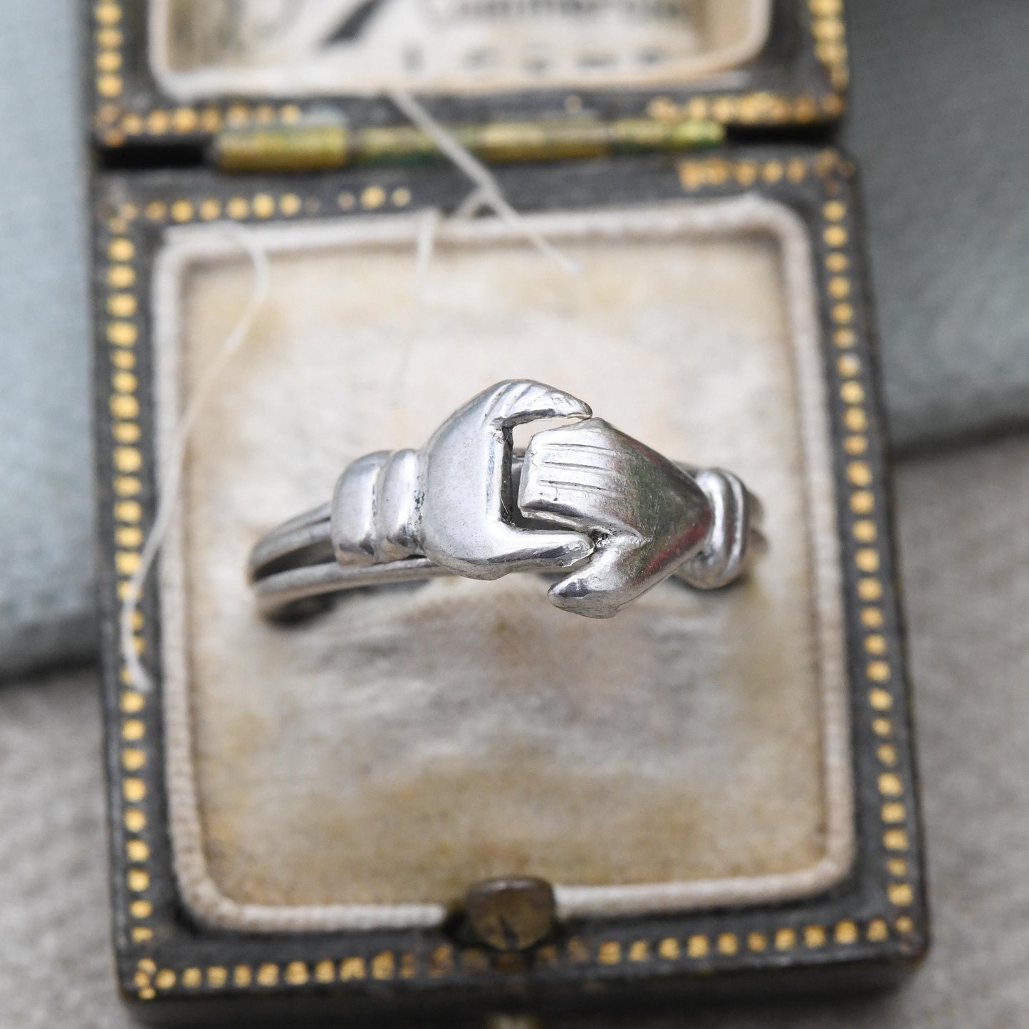 Vintage Silver Fede Gimmel Ring Interlocking 3 Bands - Clasped Hands Over Heart Symbolic Jewellery | UK Size - J | US - 5