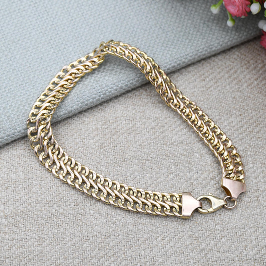 Vintage 9ct Gold Curb Link Chain Bracelet - Solid Yellow Gold Jewellery Gift for Him | Double Curb Flat Link Everyday Bracelet | 7.5" 19cm