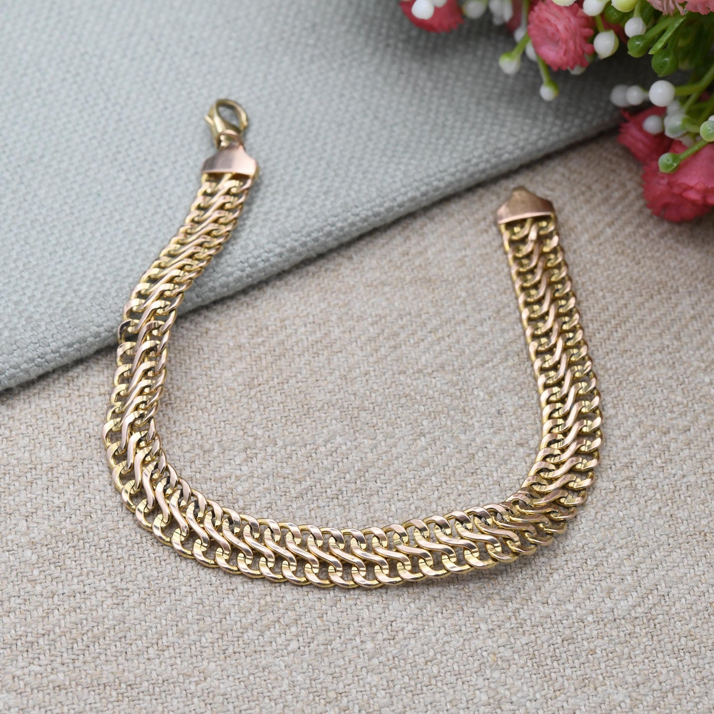 Vintage 9ct Gold Curb Link Chain Bracelet - Solid Yellow Gold Jewellery Gift for Him | Double Curb Flat Link Everyday Bracelet | 7.5" 19cm