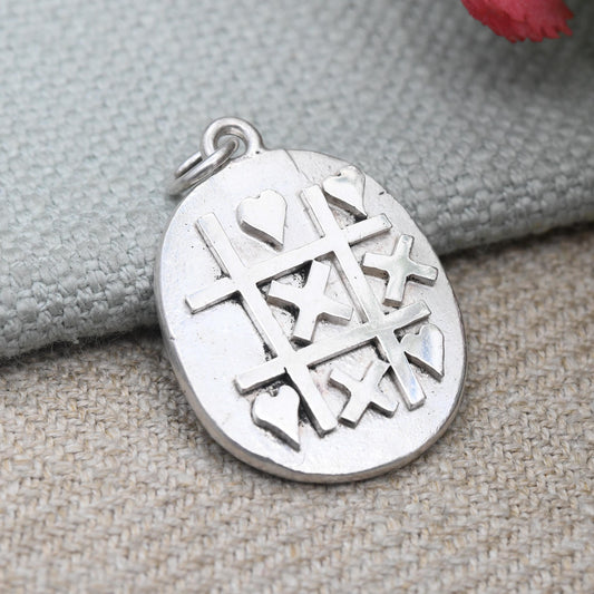 Vintage Sterling Silver Pendant Hearts and Crosses Design - Tic Tac Toe Noughts and Crosses | Studio Chunky Silver Love Heart Jewellery