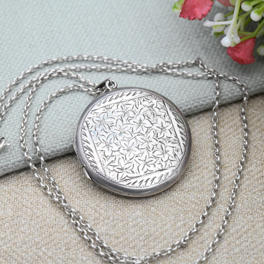 Vintage Sterling Silver Locket Pendant Necklace with Engraved Floral Design 1965 Joseph Smith & Sons JS - Large Circle Locket Jewellery Gift