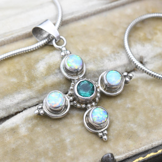 Vintage Sterling Silver Opal Pendant Necklace Square Cross with Green Stone - Quatrefoil Shape Chunky Blue and Green Pendant Jewellery Gift