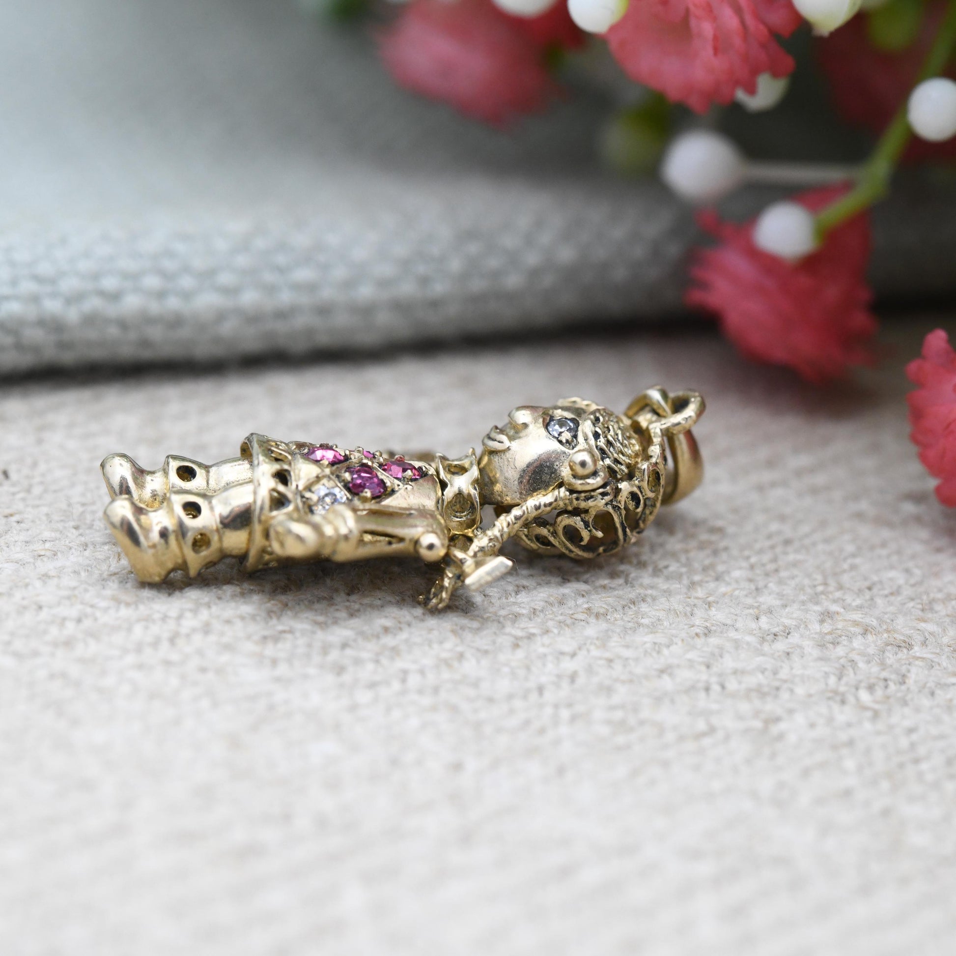 Vintage 9ct Gold Articulated Rag Doll Charm Pendant with Pink and Clear Stones - Mechanical Girl Charm Moving Limbs Colourful Crystal Dress
