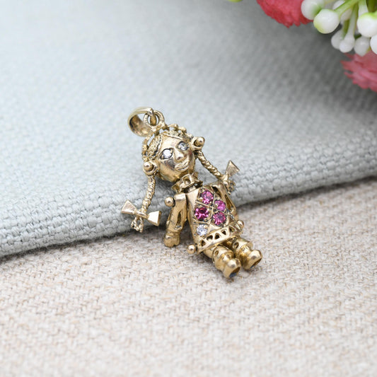 Vintage 9ct Gold Articulated Rag Doll Charm Pendant with Pink and Clear Stones - Mechanical Girl Charm Moving Limbs Colourful Crystal Dress