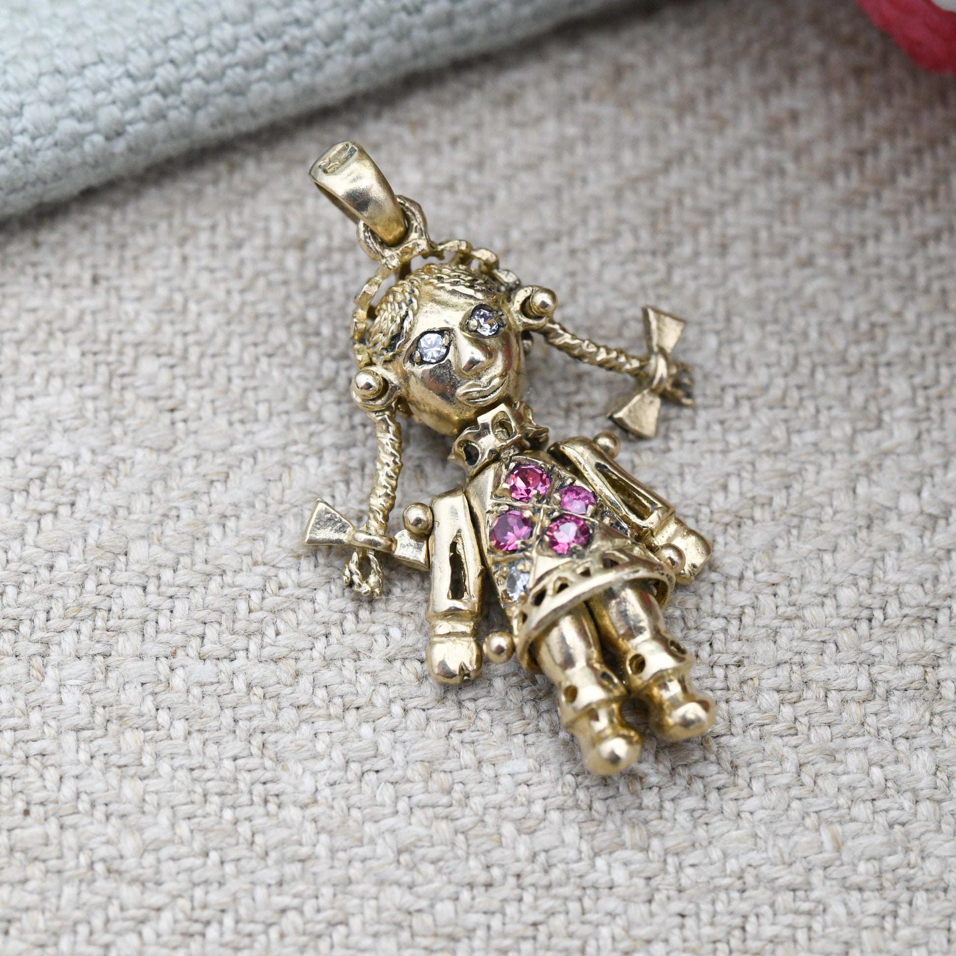 Vintage 9ct Gold Articulated Rag Doll Charm Pendant with Pink and Clear Stones - Mechanical Girl Charm Moving Limbs Colourful Crystal Dress