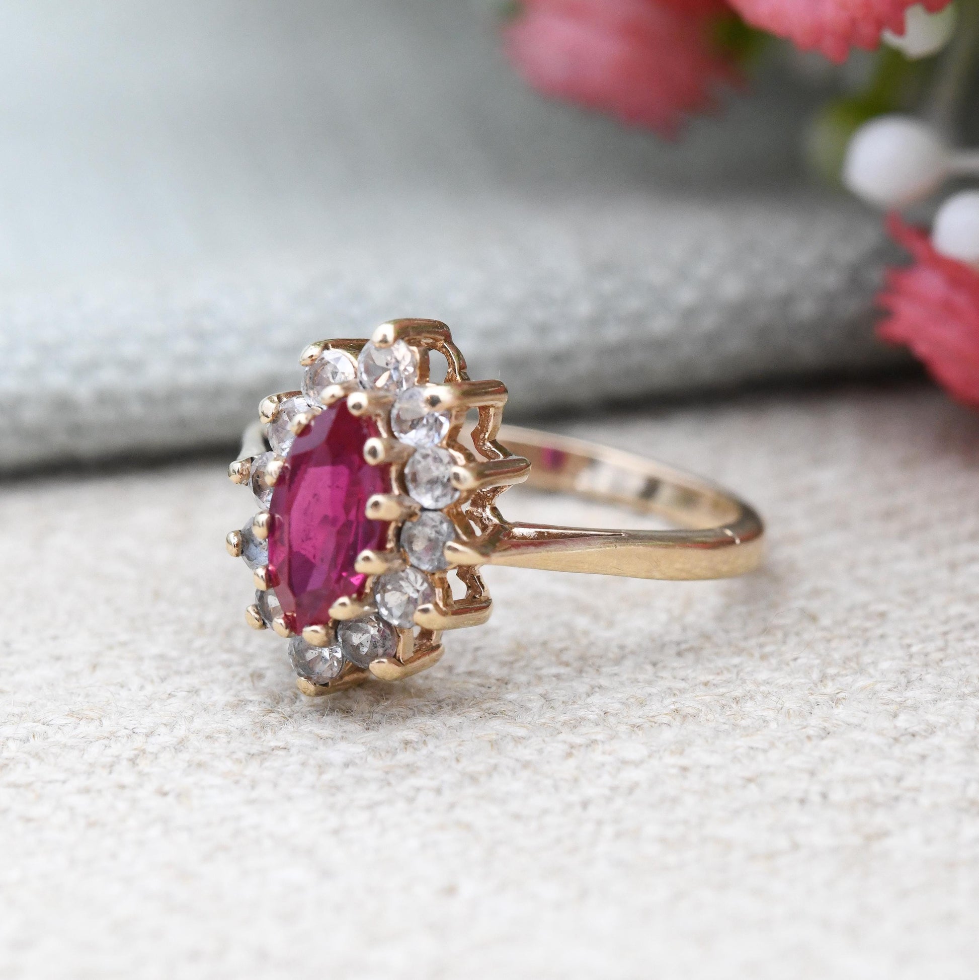 Vintage 9ct Gold Ruby Halo Ring 1971 Marquise Cut - Pointed Oval Shape | Clear Stones | Gold Jewellery | UK Size - K 1/2 | US Size - 5 1/2