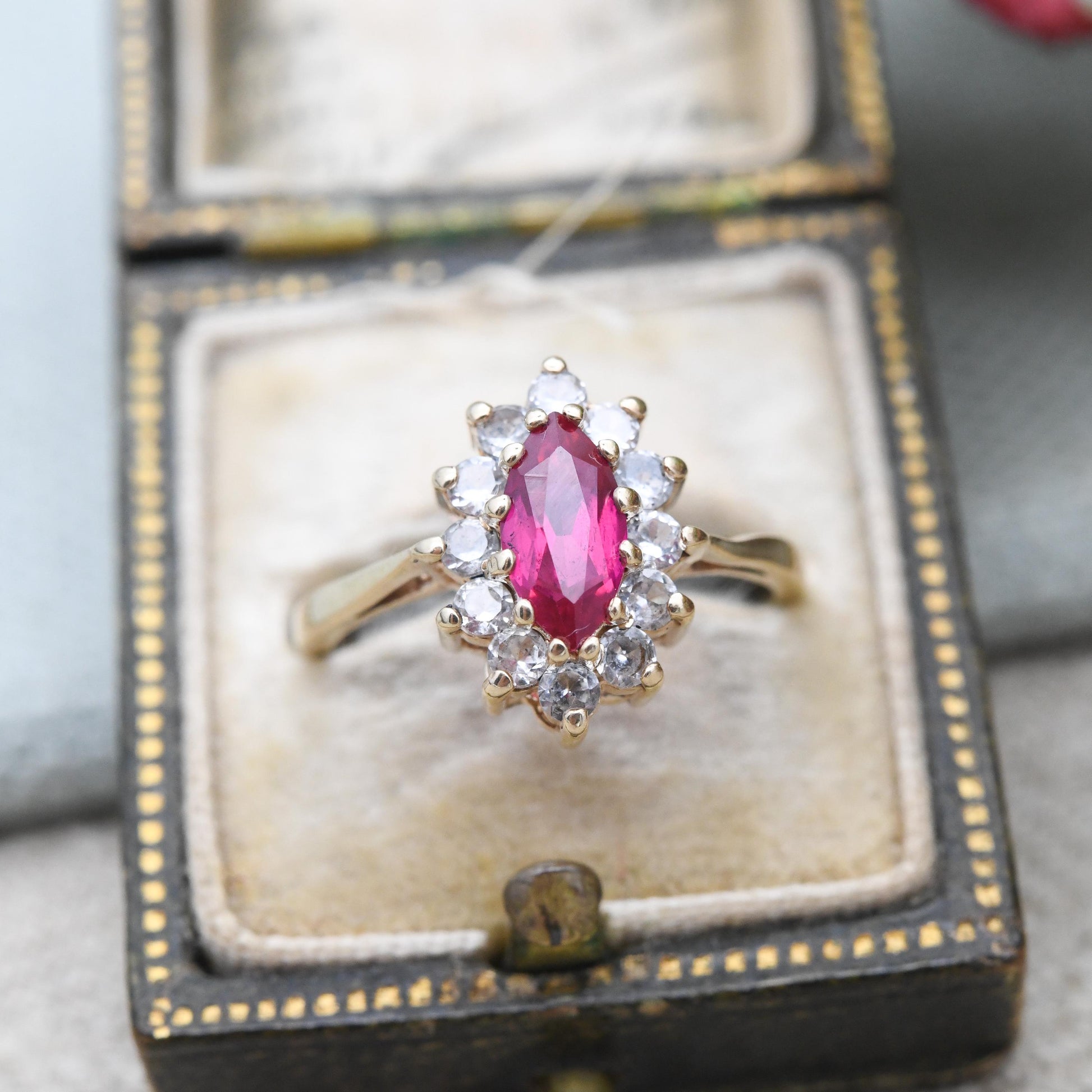 Vintage 9ct Gold Ruby Halo Ring 1971 Marquise Cut - Pointed Oval Shape | Clear Stones | Gold Jewellery | UK Size - K 1/2 | US Size - 5 1/2