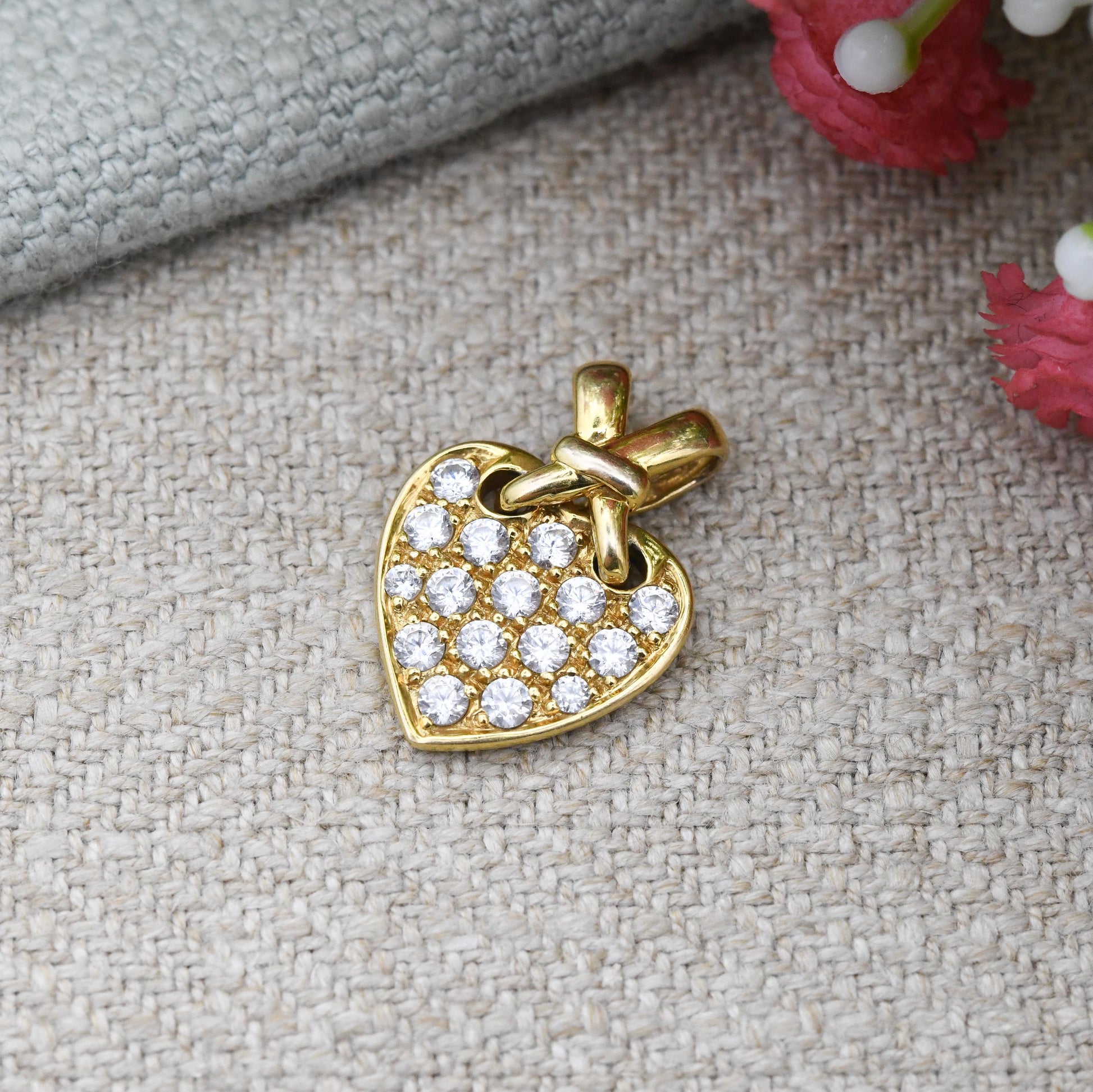 Vintage 9ct Gold Heart Pendant with Clear Stones CZ - Knotted Bale Love Heart Charm Gift for Her Necklace Stack | Yellow Gold Symbol