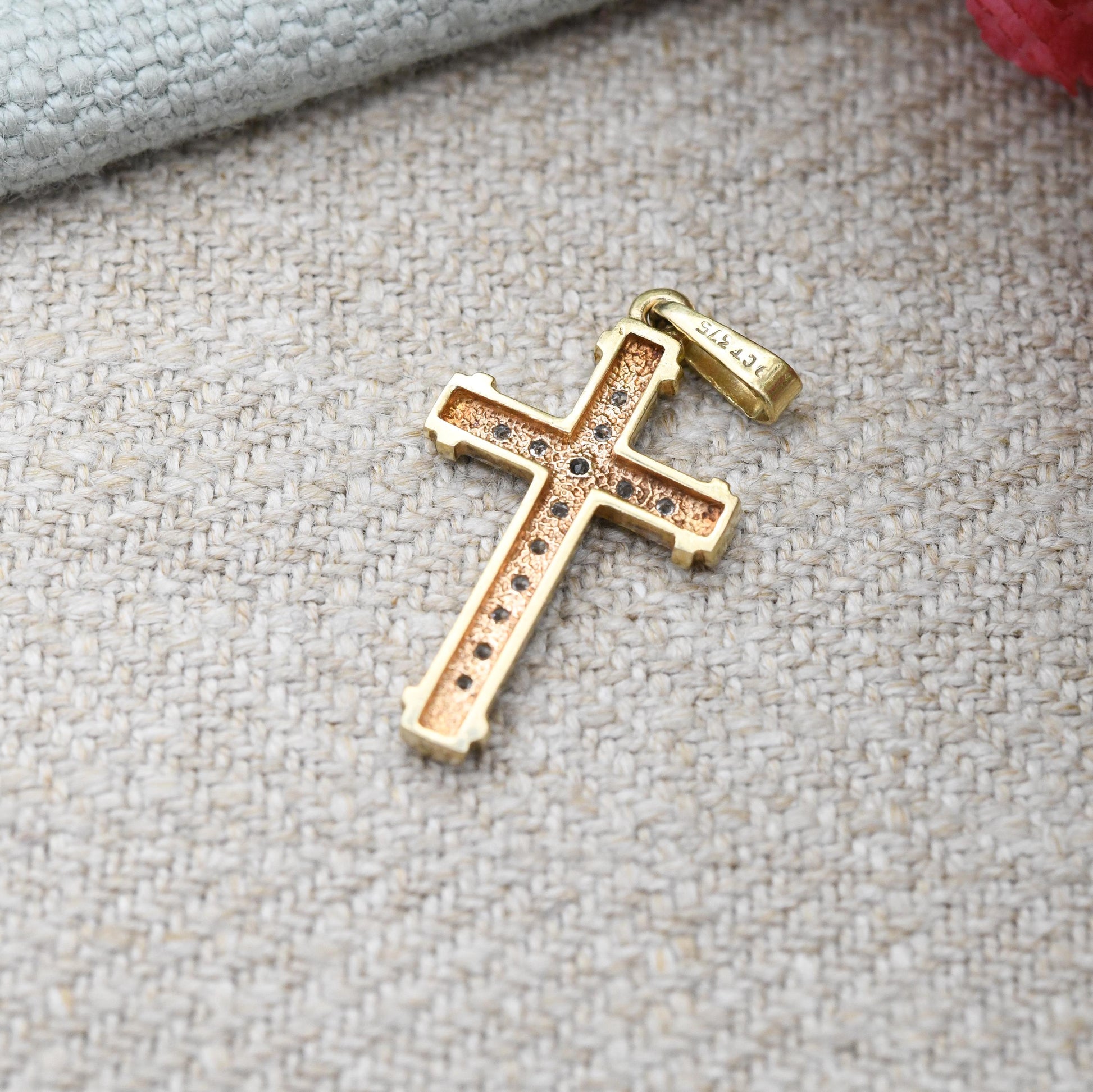 Vintage 9ct Gold Cross Pendant Two Tone with CZ Stones - White Gold and Yellow Gold Jewellery Christian Religious Necklace Gift Christening