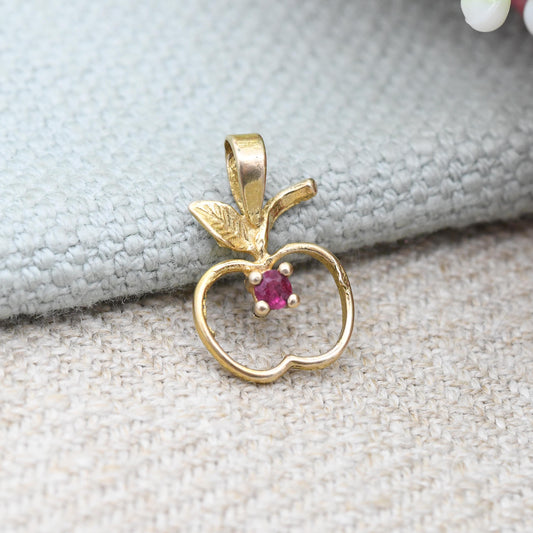 Vintage 9ct Gold Ruby Apple Pendant 1982 - Solid Gold Miniature Openwork Fruit Leaves Charm for Necklace Stack | Pretty Gift for Her