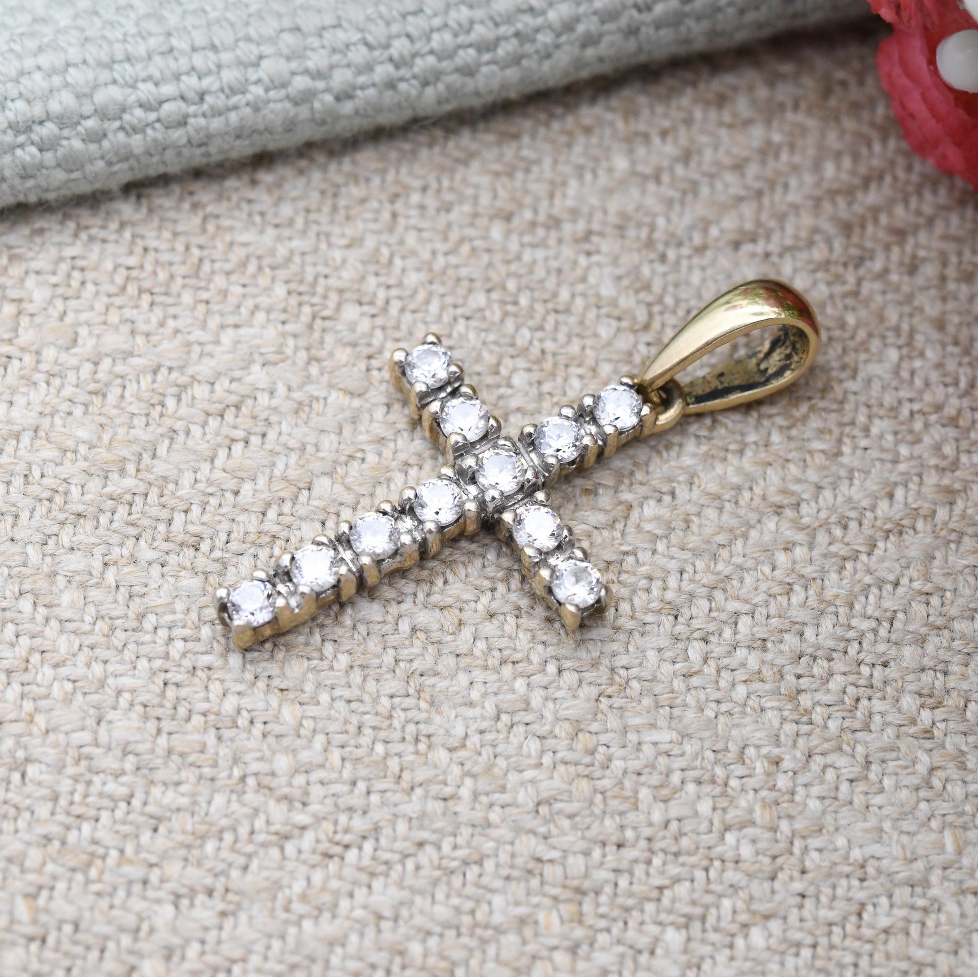 Vintage 9ct Gold CZ Cross Pendant - Pave Set Clear Stones Yellow Gold Jewellery Christian Religious Necklace Charm Gift Christening Baptism