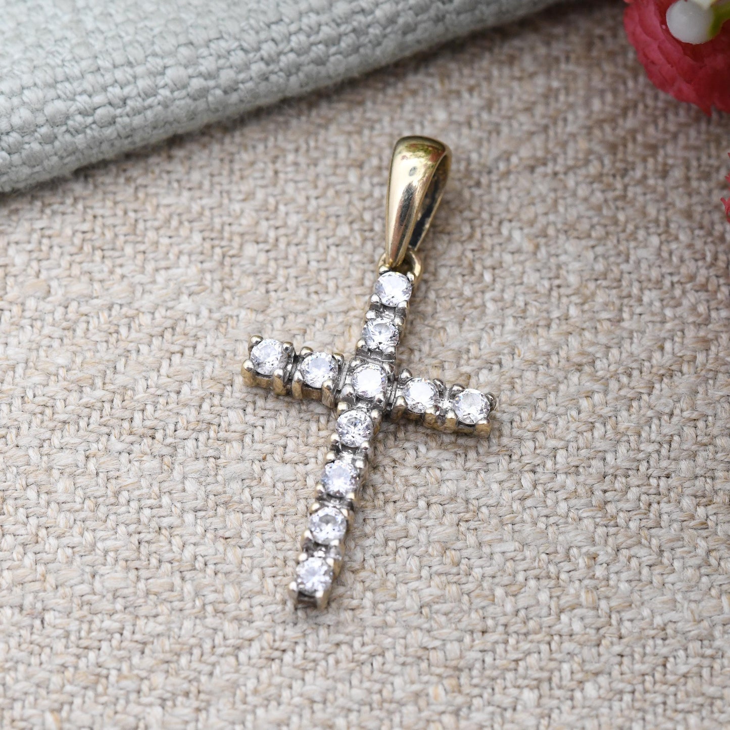 Vintage 9ct Gold CZ Cross Pendant - Pave Set Clear Stones Yellow Gold Jewellery Christian Religious Necklace Charm Gift Christening Baptism