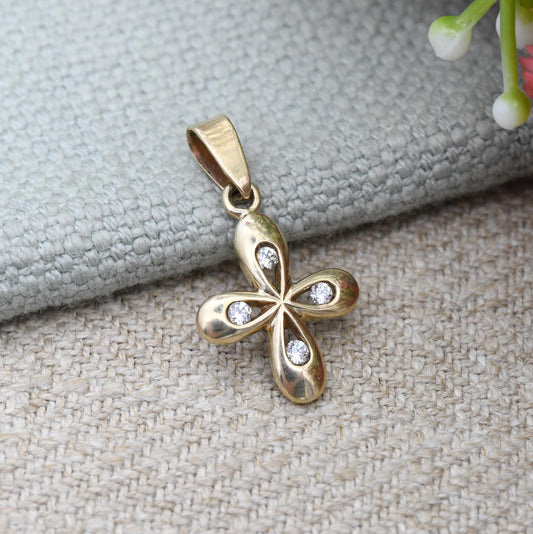 Vintage 9ct Gold Quatrefoil Cross Pendant with CZ - Delicate Solid Yellow Gold Charm Religious Necklace Jewellery Gift Christening Baptism