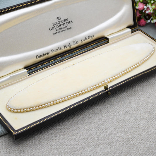 Vintage Faux Pearl Necklace in Fitted Box with 9ct Gold Clasp - Northern Goldsmiths Company Duchess Pearls Reg. No. 426873 | Choker 16"