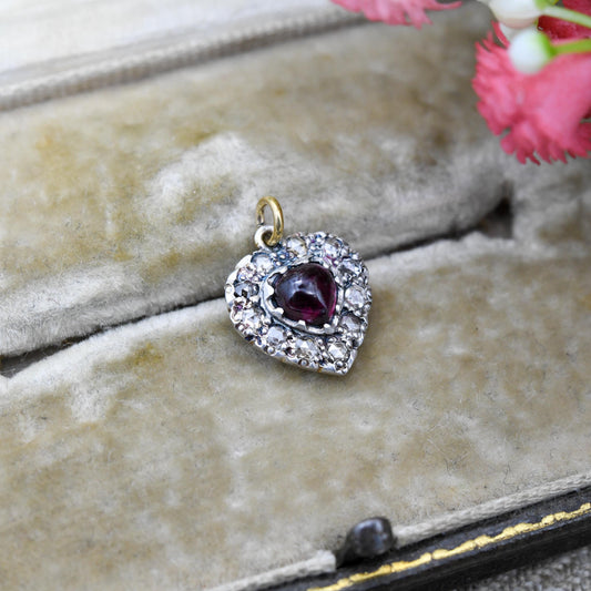 Antique Victorian Diamond and Garnet Heart Pendant Silver and Gold - Rose Cut Diamonds Cabochon Garnet Love Heart Charm Necklace Stack Gift