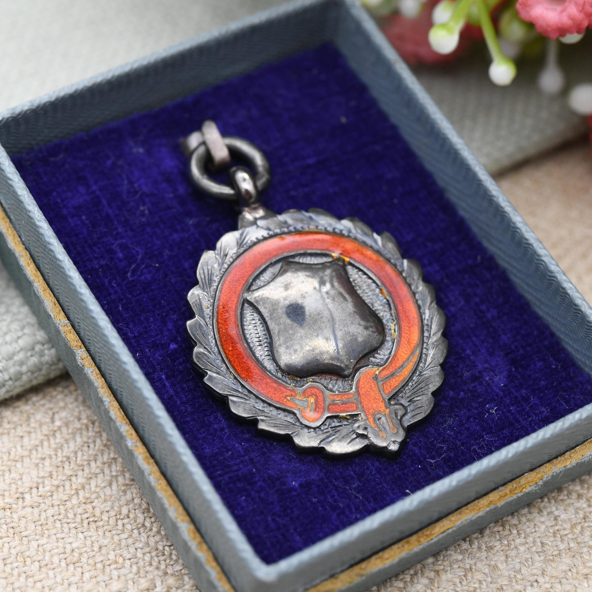 Vintage Boxed Sterling Silver Watch Fob Pendant 1929 by James Walter Tiptaft - Red Enamel Buckle Laurel Border | Blank Shield Plaque