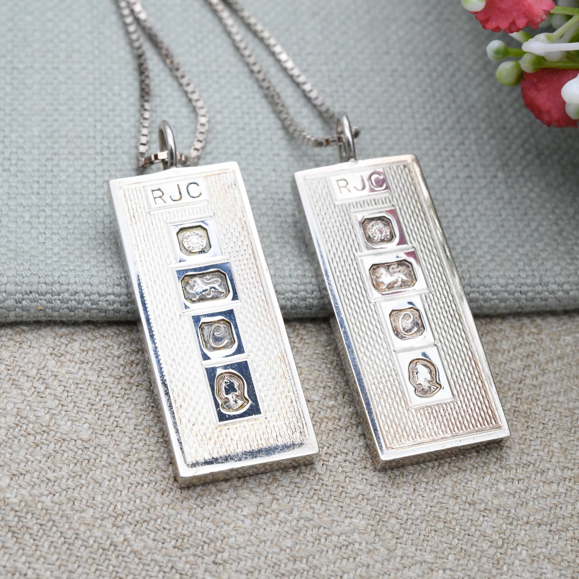 Vintage Sterling Silver Ingot Pendant Necklace 1977 Queen Elizabeth II Silver Jubilee Stamp Pair by RJC - Sheffield Hallmark | on Box Chain