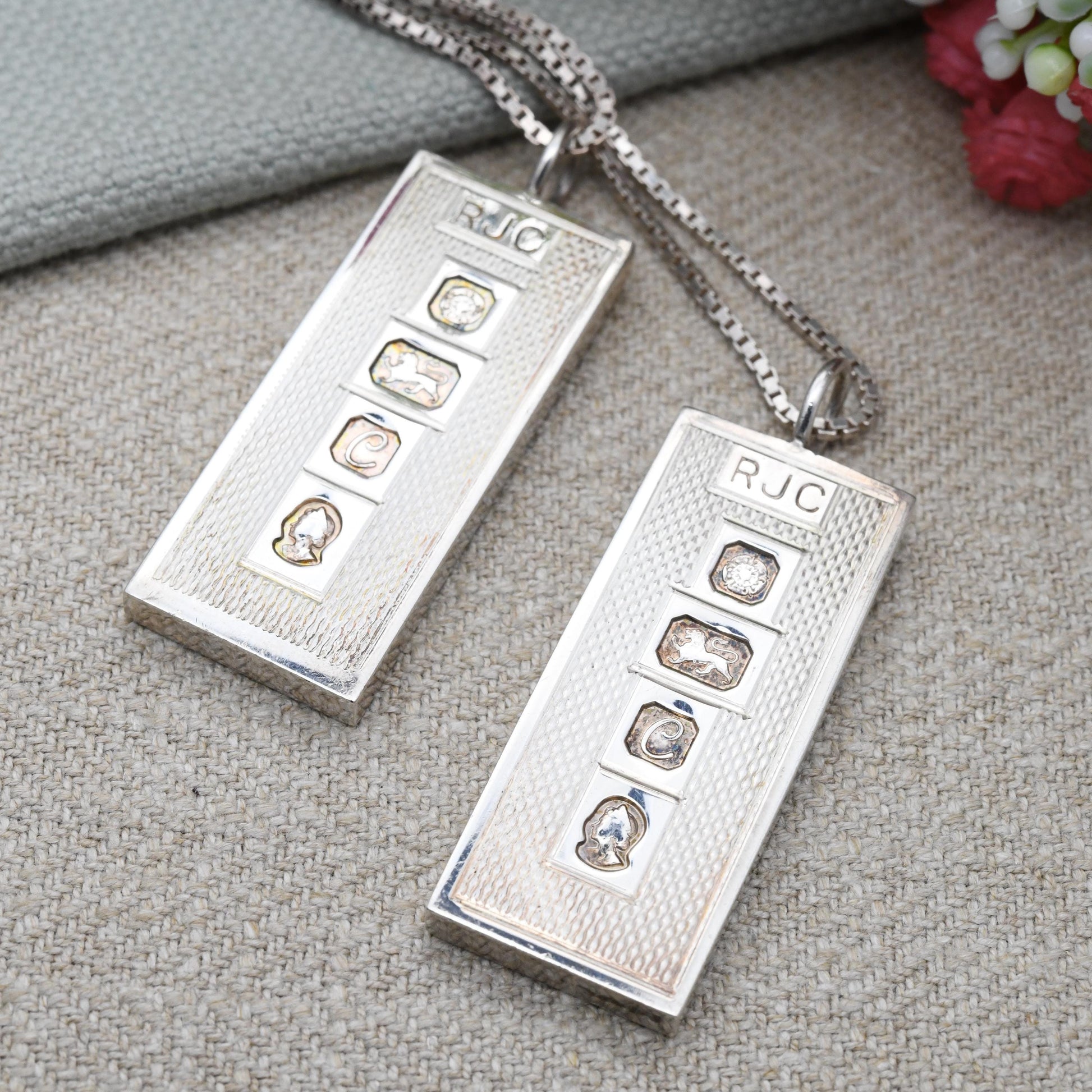 Vintage Sterling Silver Ingot Pendant Necklace 1977 Queen Elizabeth II Silver Jubilee Stamp Pair by RJC - Sheffield Hallmark | on Box Chain