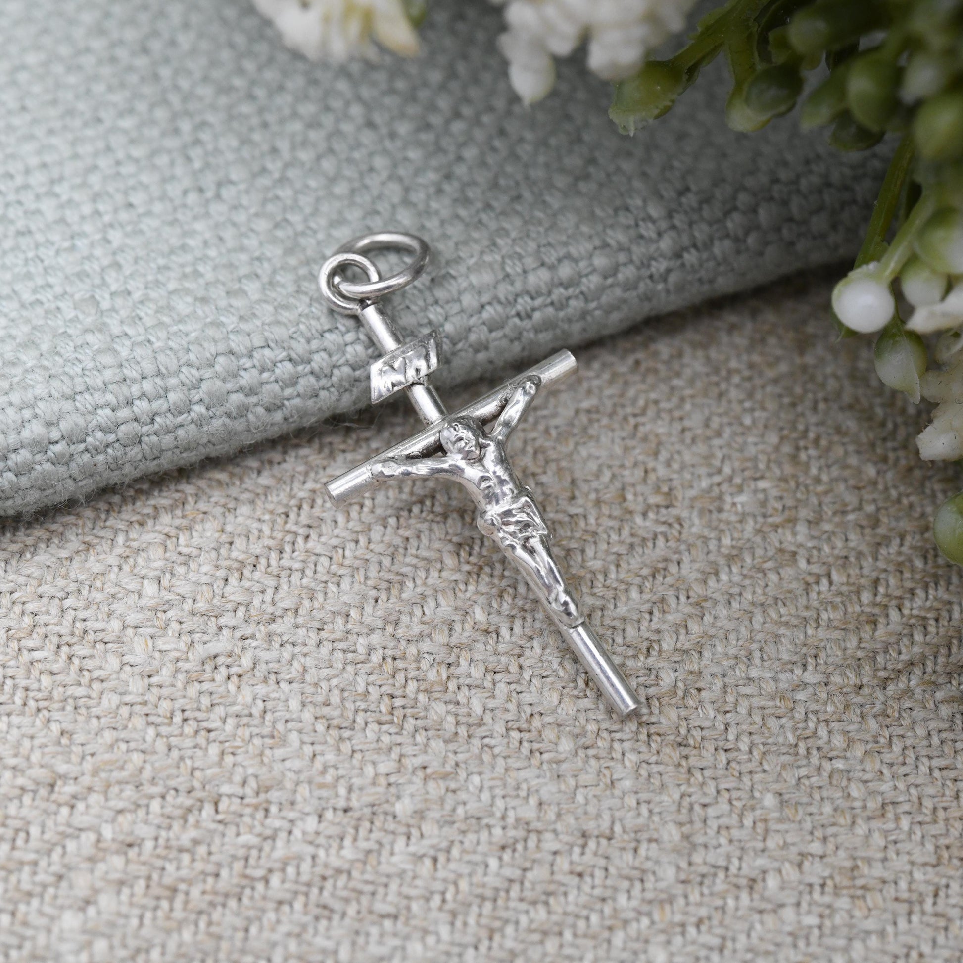 Vintage Sterling Silver Christ on the Cross Pendant INRI - Jesus Christ Cross Mid-Century Solid Silver Necklace Charm | Gift for Baptism