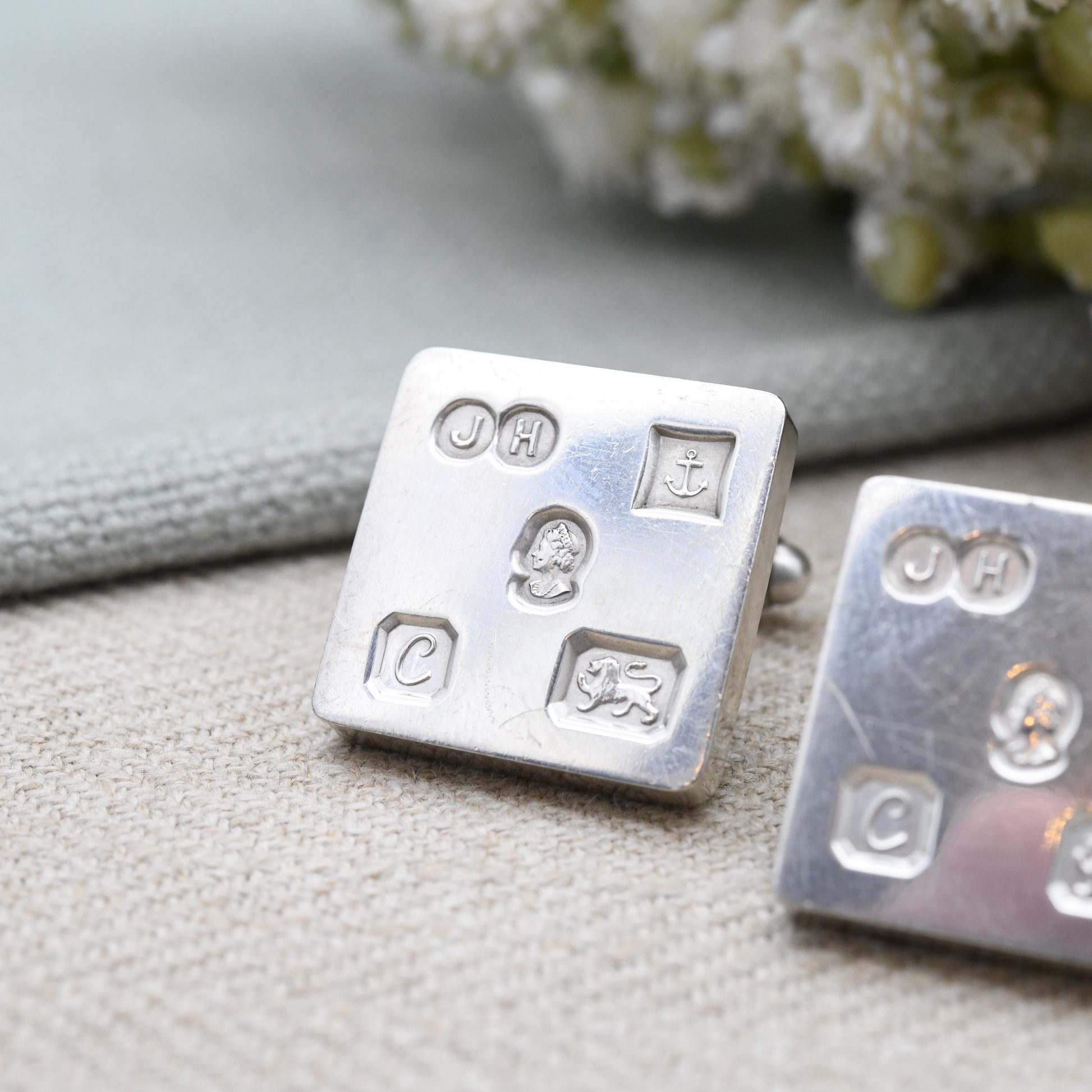 Vintage Sterling Silver Hallmark Cufflinks 1977 Elizabeth II Jubilee Mark - James Harrison JH Large Hallmark Square Design Bullet Back Gift