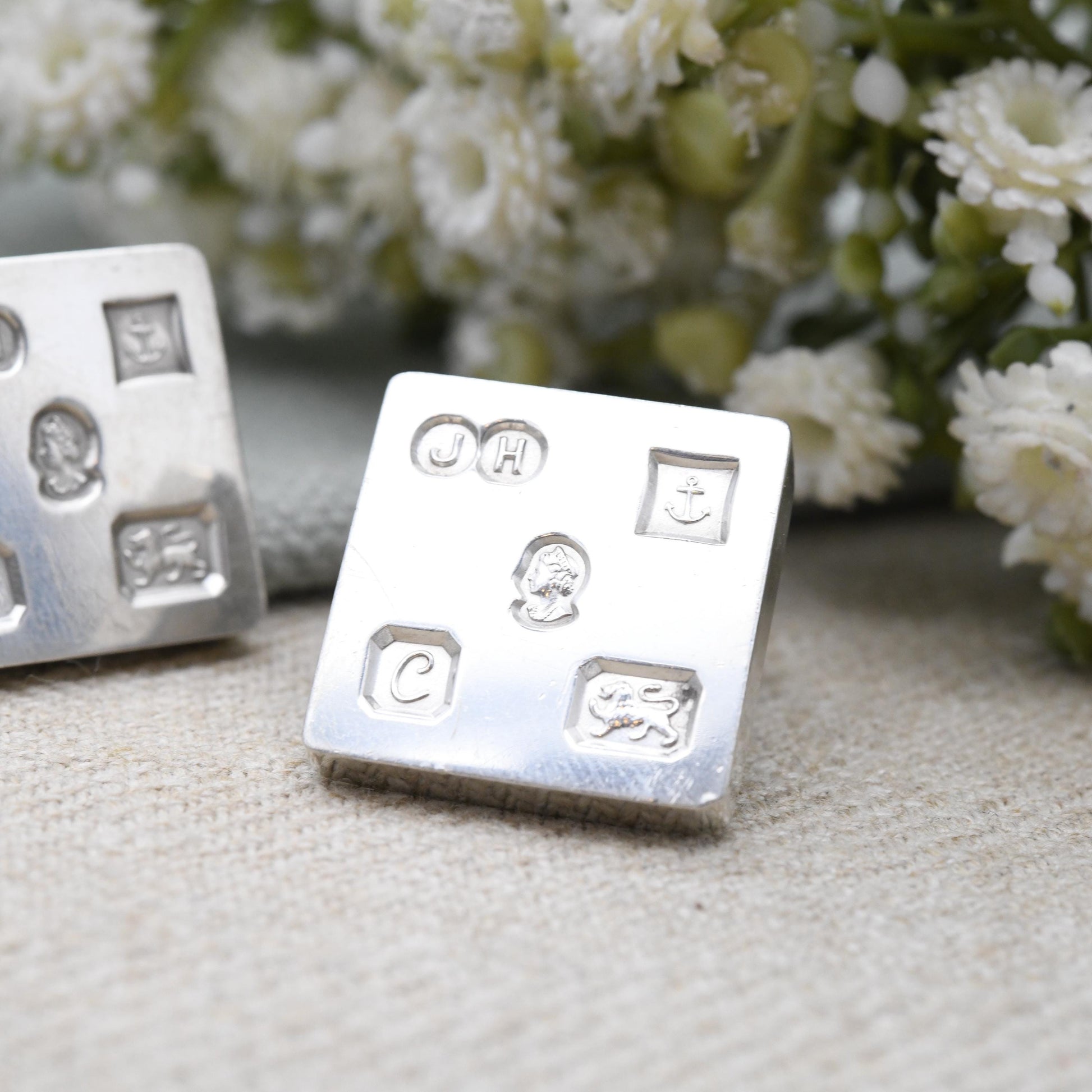 Vintage Sterling Silver Hallmark Cufflinks 1977 Elizabeth II Jubilee Mark - James Harrison JH Large Hallmark Square Design Bullet Back Gift