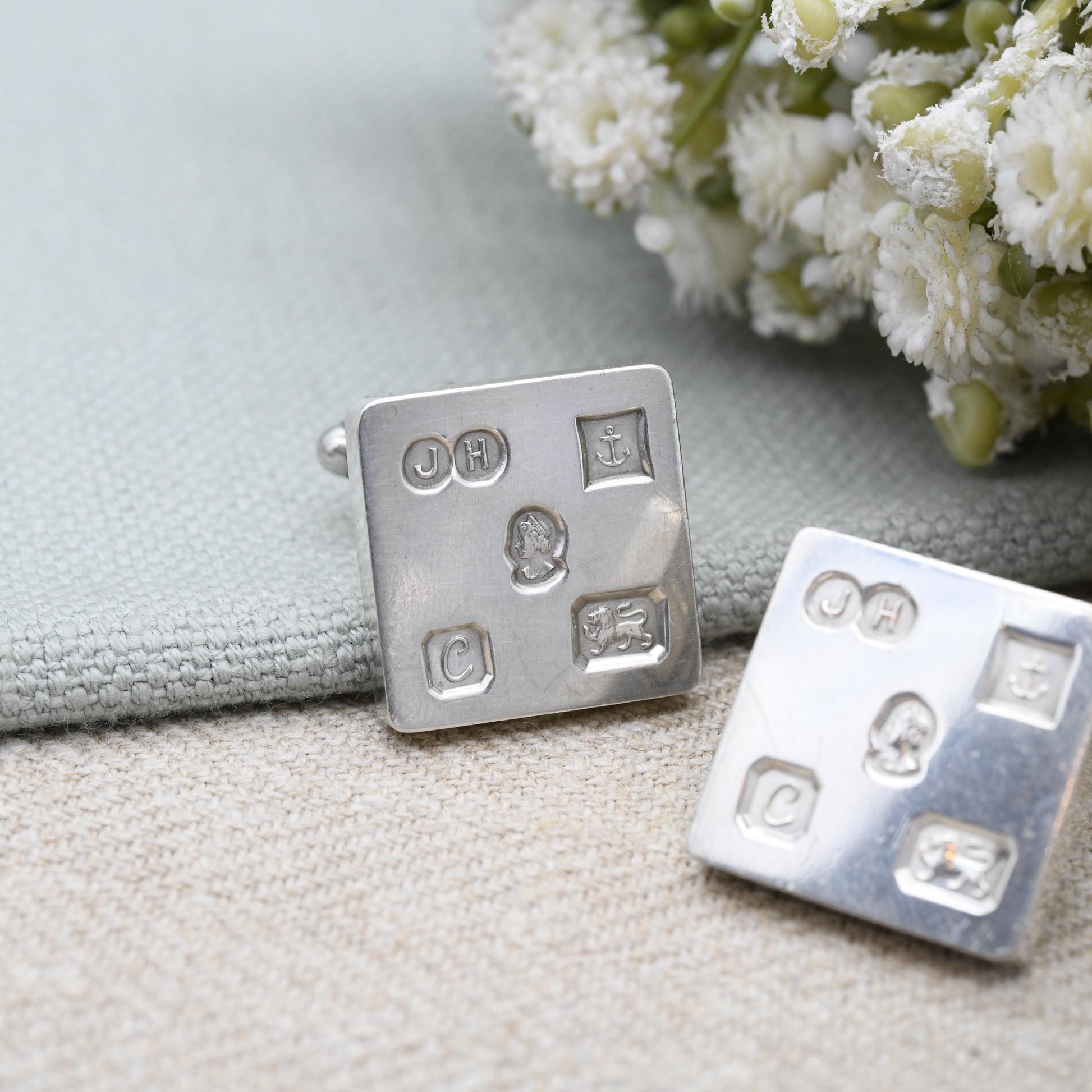 Vintage Sterling Silver Hallmark Cufflinks 1977 Elizabeth II Jubilee Mark - James Harrison JH Large Hallmark Square Design Bullet Back Gift