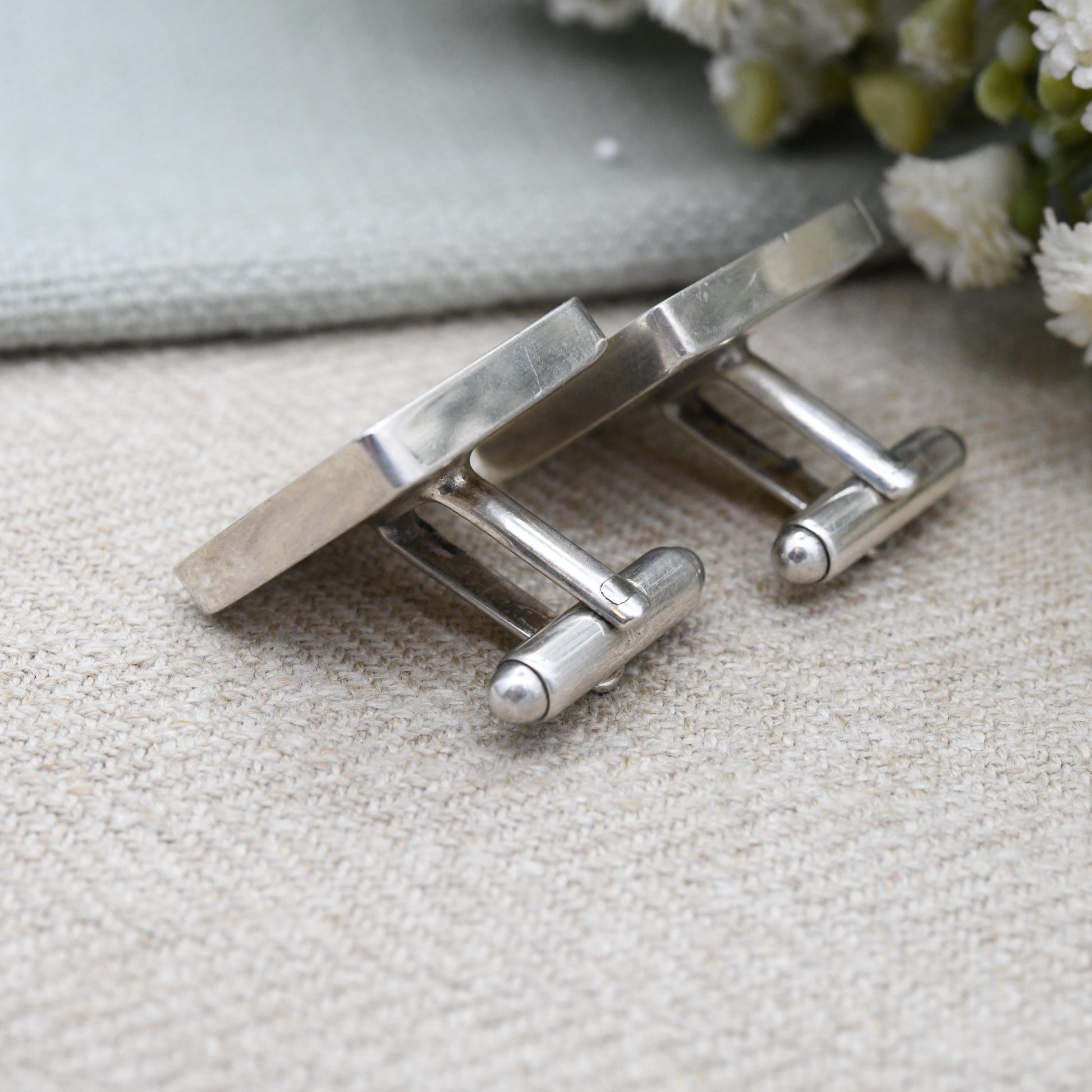 Vintage Sterling Silver Hallmark Cufflinks 1977 Elizabeth II Jubilee Mark - James Harrison JH Large Hallmark Square Design Bullet Back Gift