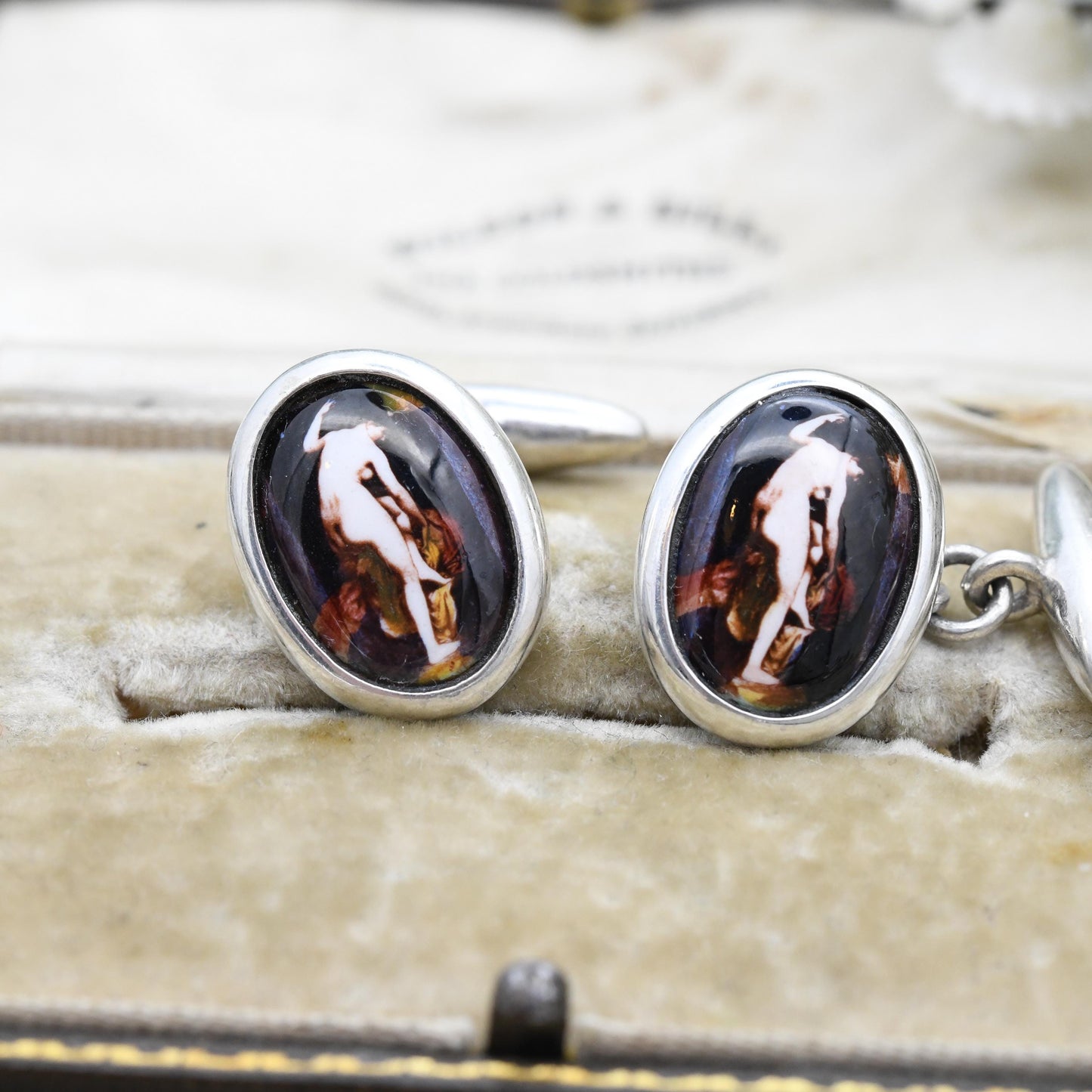 Vintage Sterling Silver Erotic Painting Cufflinks Enamel Nude Lady - Renaissance Style Miniature Painting | Dressing Scene | Cheeky Novelty
