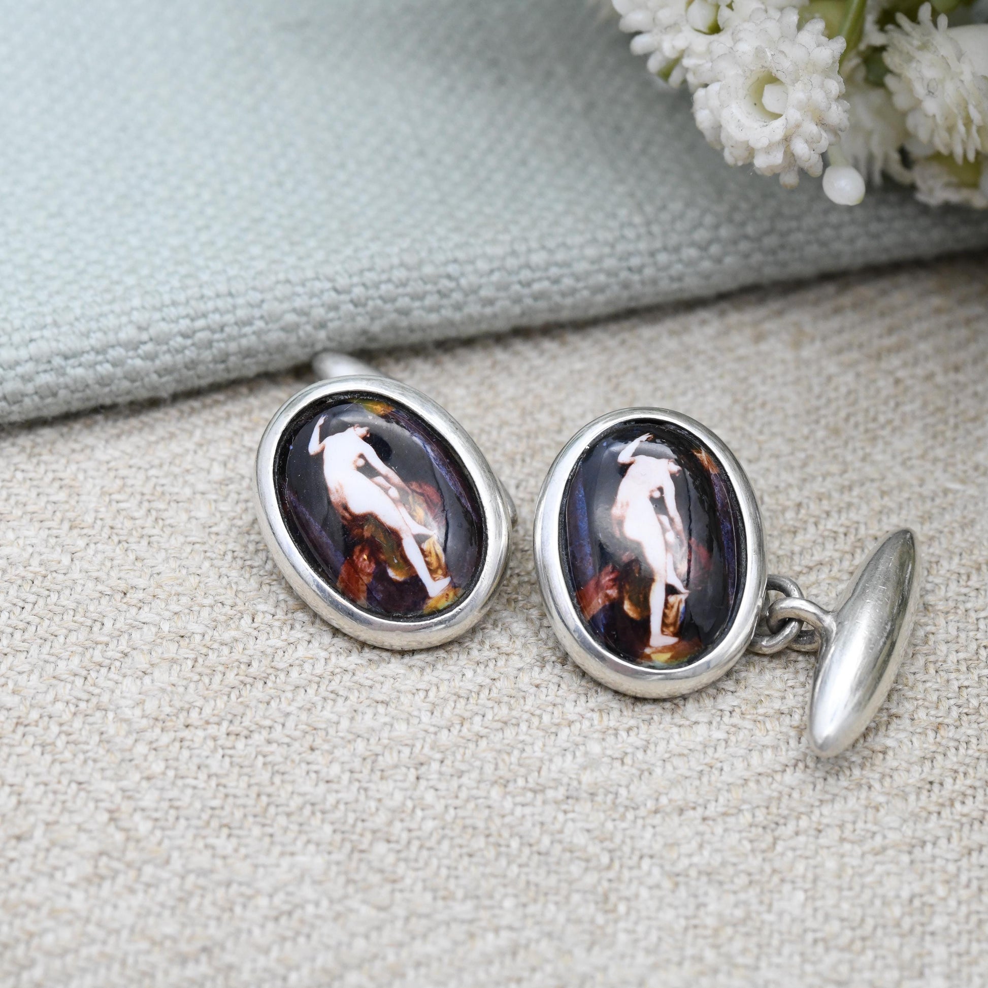 Vintage Sterling Silver Erotic Painting Cufflinks Enamel Nude Lady - Renaissance Style Miniature Painting | Dressing Scene | Cheeky Novelty