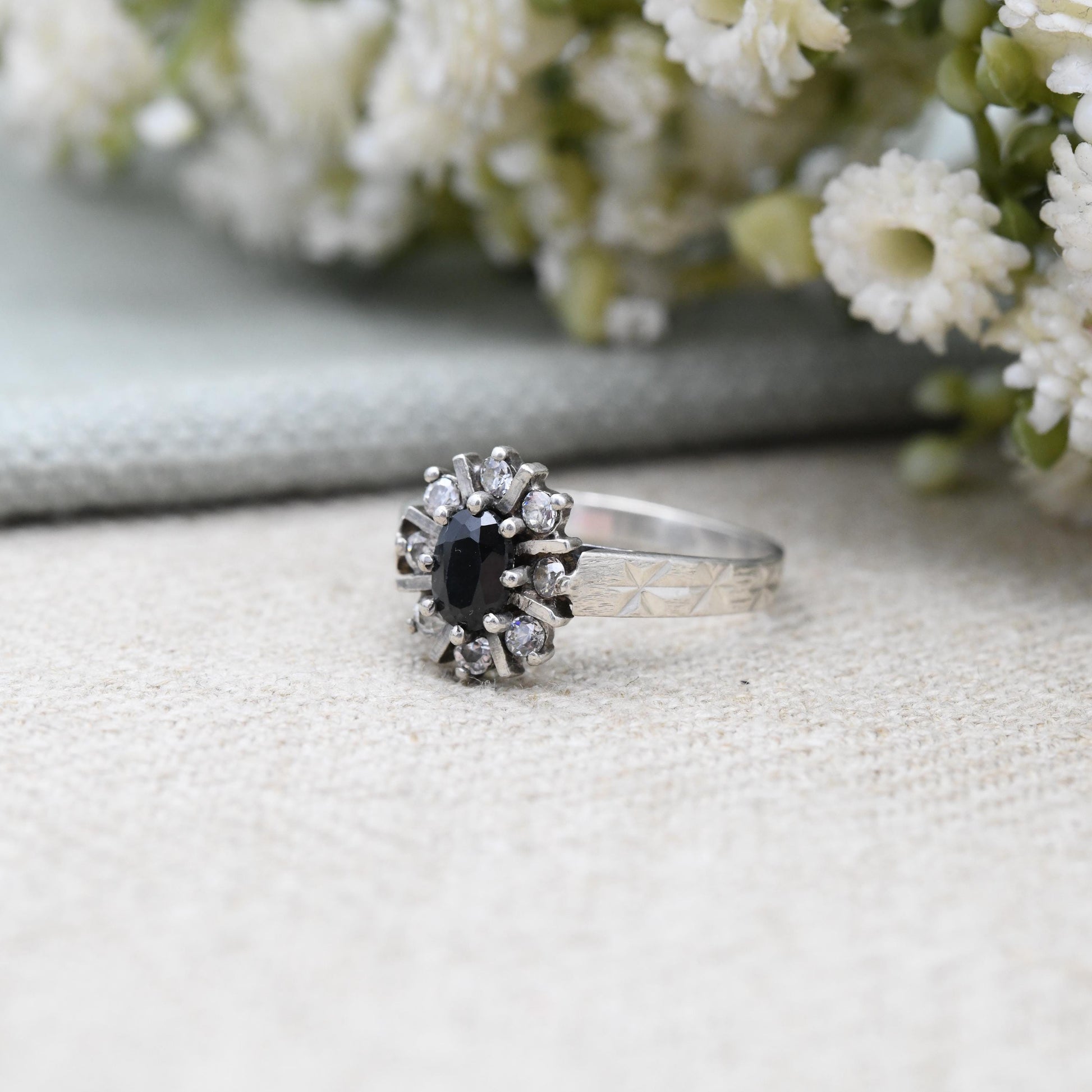 Vintage Sterling Silver Sapphire Halo Ring Star Cut Band - Mid-Century Sparkly Cocktail Ring with Clear Stones | UK Size - N 1/2 US Size - 7